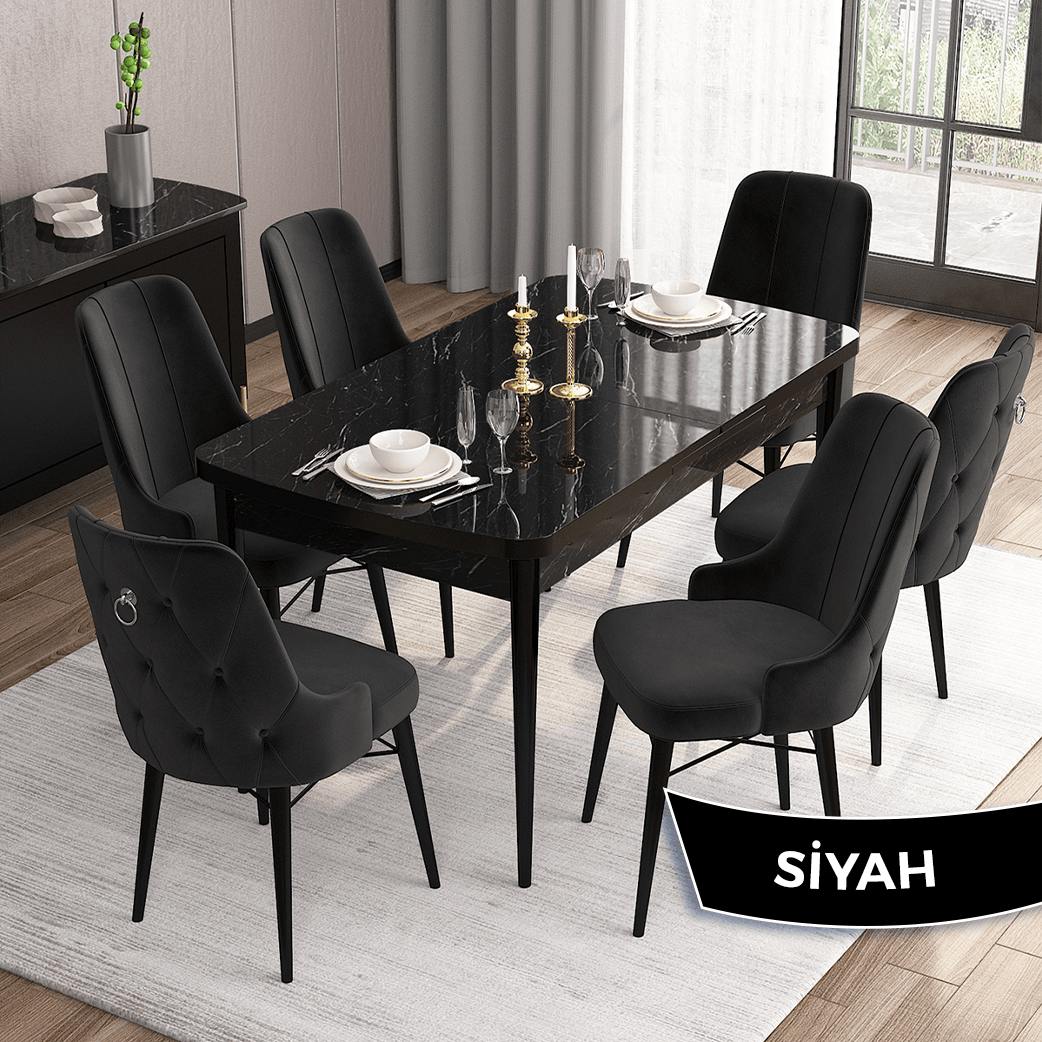 Siyah Sandalye Siyah Mermer Desen Masa