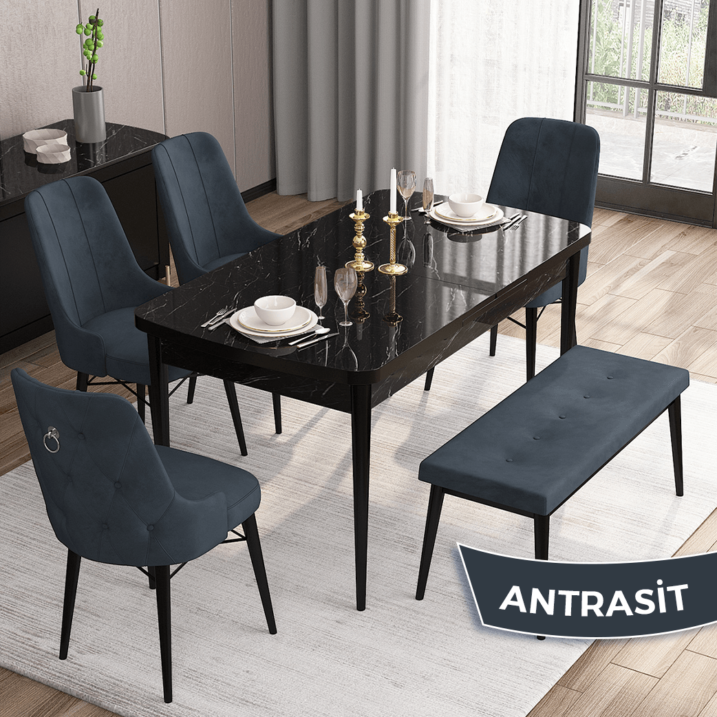 Are Serisi 80x132 Mdf Açılabilir Gümüş Halka Siyah Mermer Desen Masa Takımı 4 Sandalye Ve 1 Bench