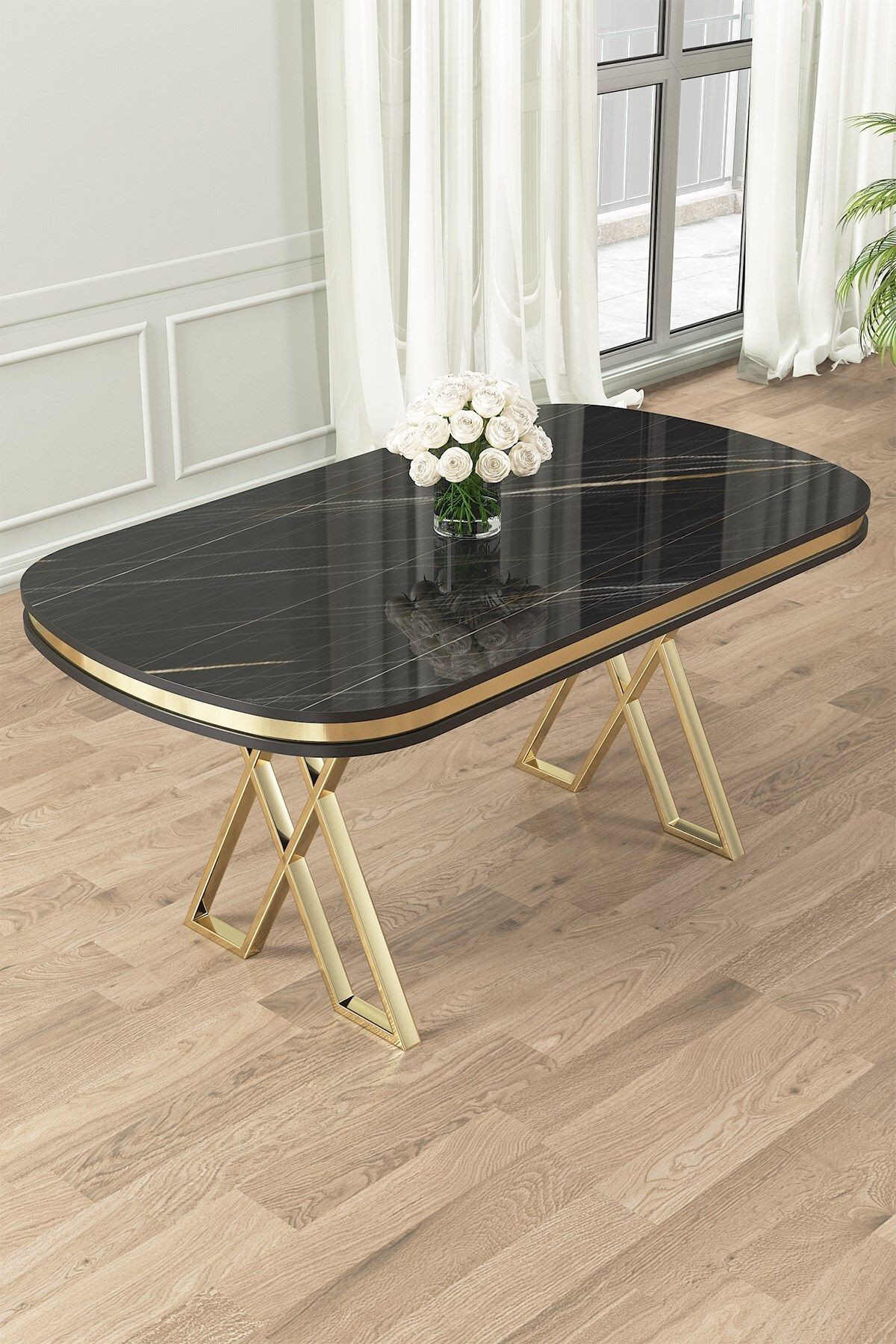 Ela Serisi 90x168 Lak Panel Sabit Gold Ayak Siyah Mermer Desen Masa