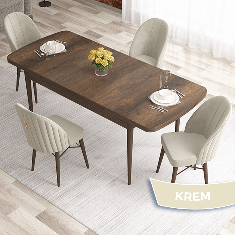 Elf Serisi 80x132 Açılabilir Barok Ahşap Desen Masa Takımı ve 4 Sandalye