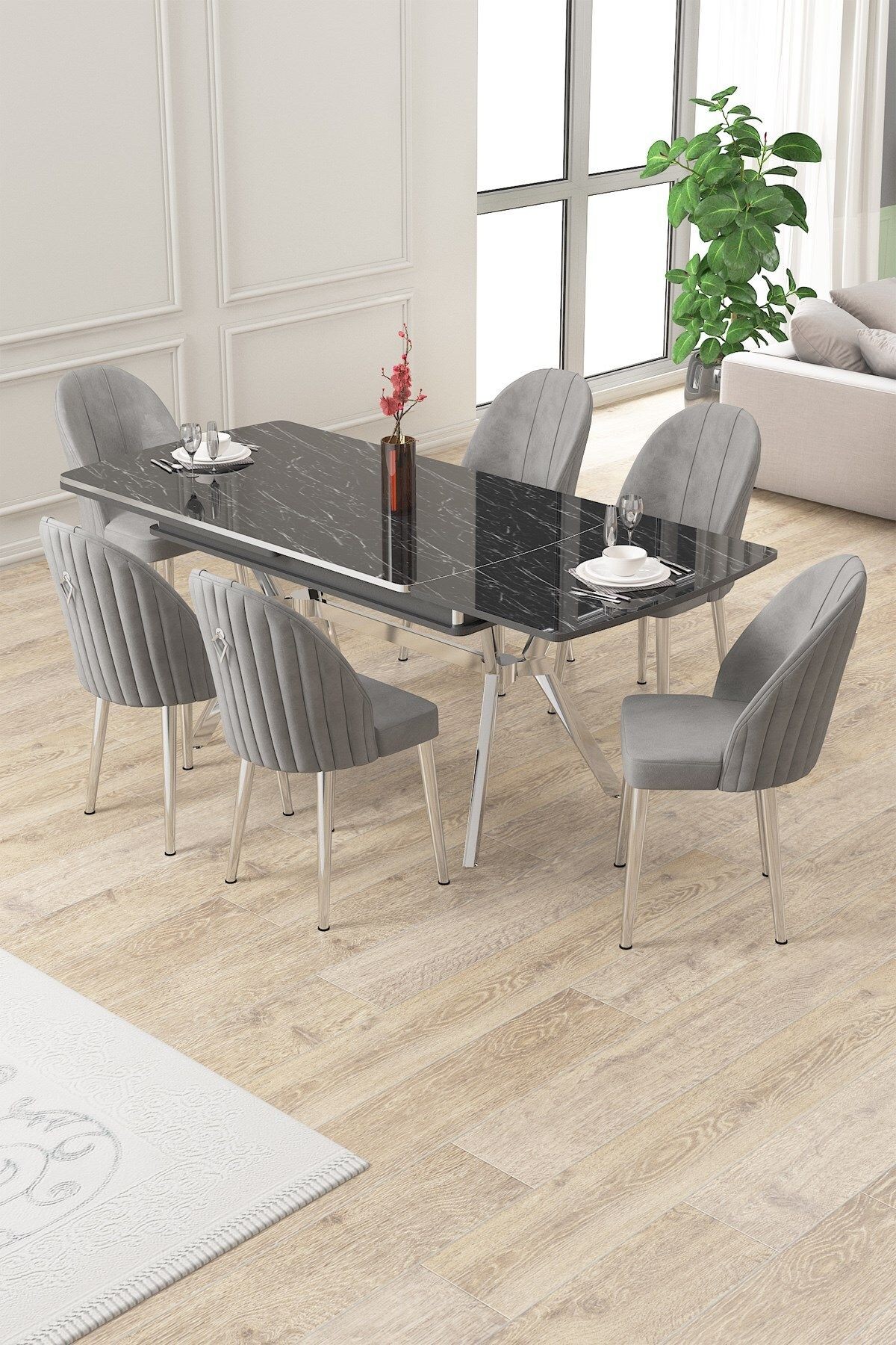 Sim Serisi 89x150 Açılabilir Lak Panel Sonata Masa ve 6 Sandalye Krom Kaplama Ayak