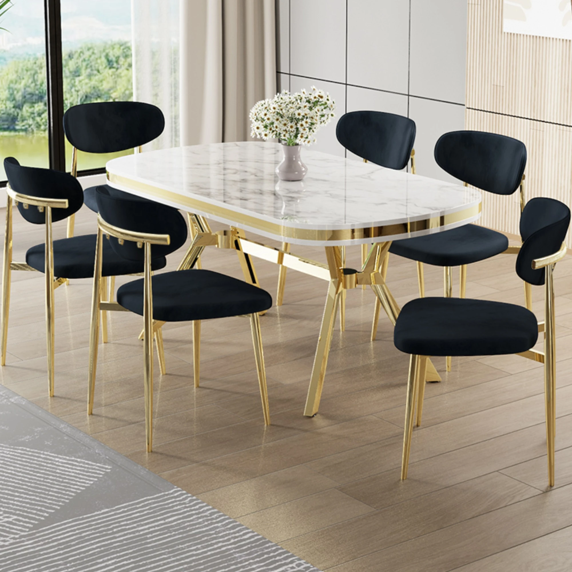 Olya Serisi 90x168 Lak Panel Beyaz Mermer Desen Masa Takımı Gold Ayaklı 6 Sandalye