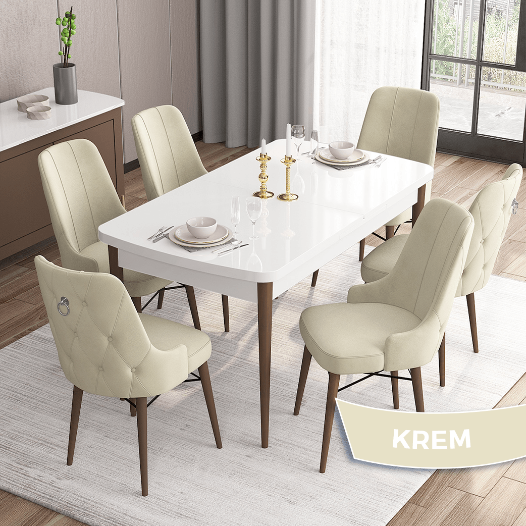 Are Serisi 80x132 Mdf Açılabilir Gümüş Halka Beyaz Masa Ceviz Ayak Masa Takımı Ve 6 Sandalye