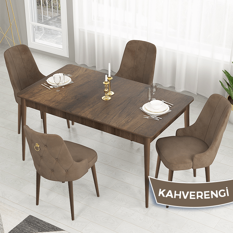 Lav Serisi 80x130 Sabit Barok Ahşap Desen Masa Takımı Ve 4 Sandalye