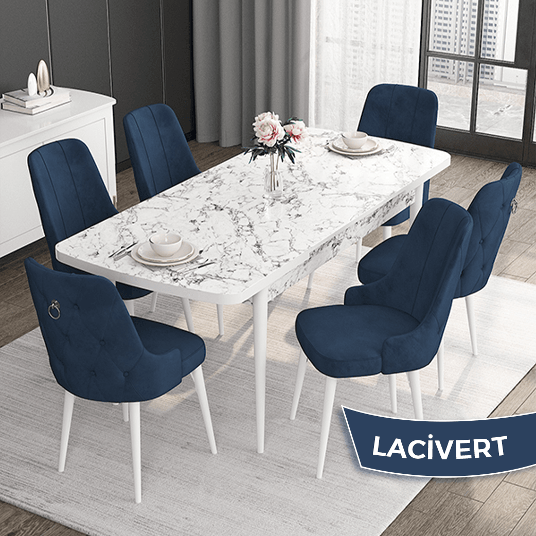 Lacivert Sandalye Beyaz Mermer Desen Masa