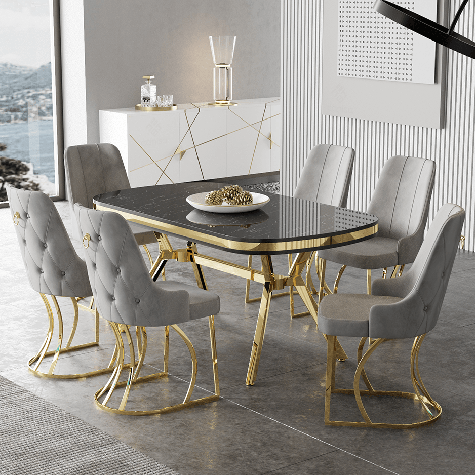 Epal Serisi 90x168 Lak Panel Sonata Masa ve 6 Sandalye Gold Kaplama Ayak