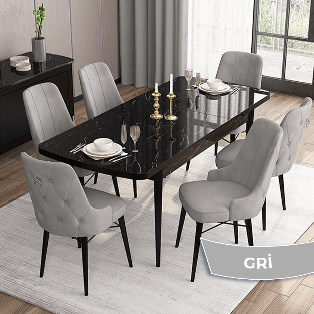 Are Serisi 80x132 Mdf Açılabilir Gümüş Halka Siyah Mermer Desen Masa Takımı Ve 6 Sandalye