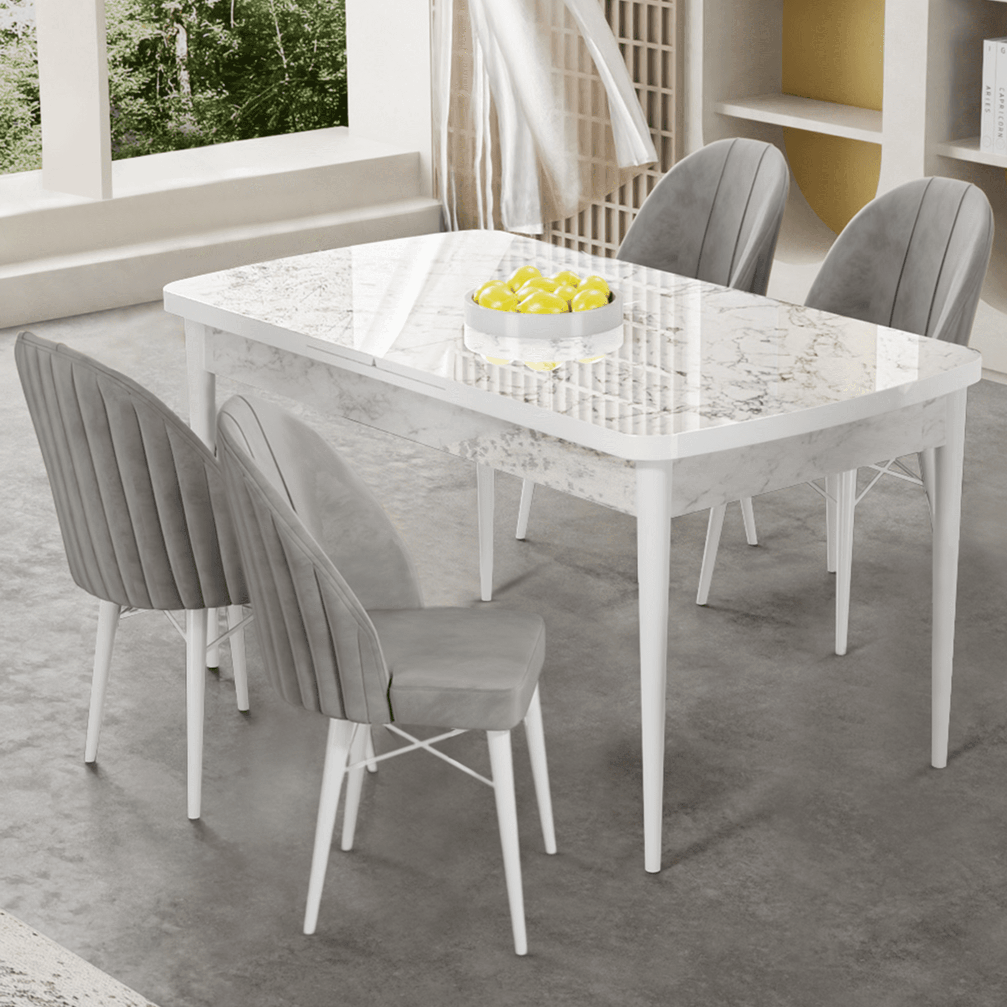Gale Serisi 80x132 Açılabilir Lak Panel Beyaz Mermer Desen Mutfak Masa Takımı 4 Sandalye