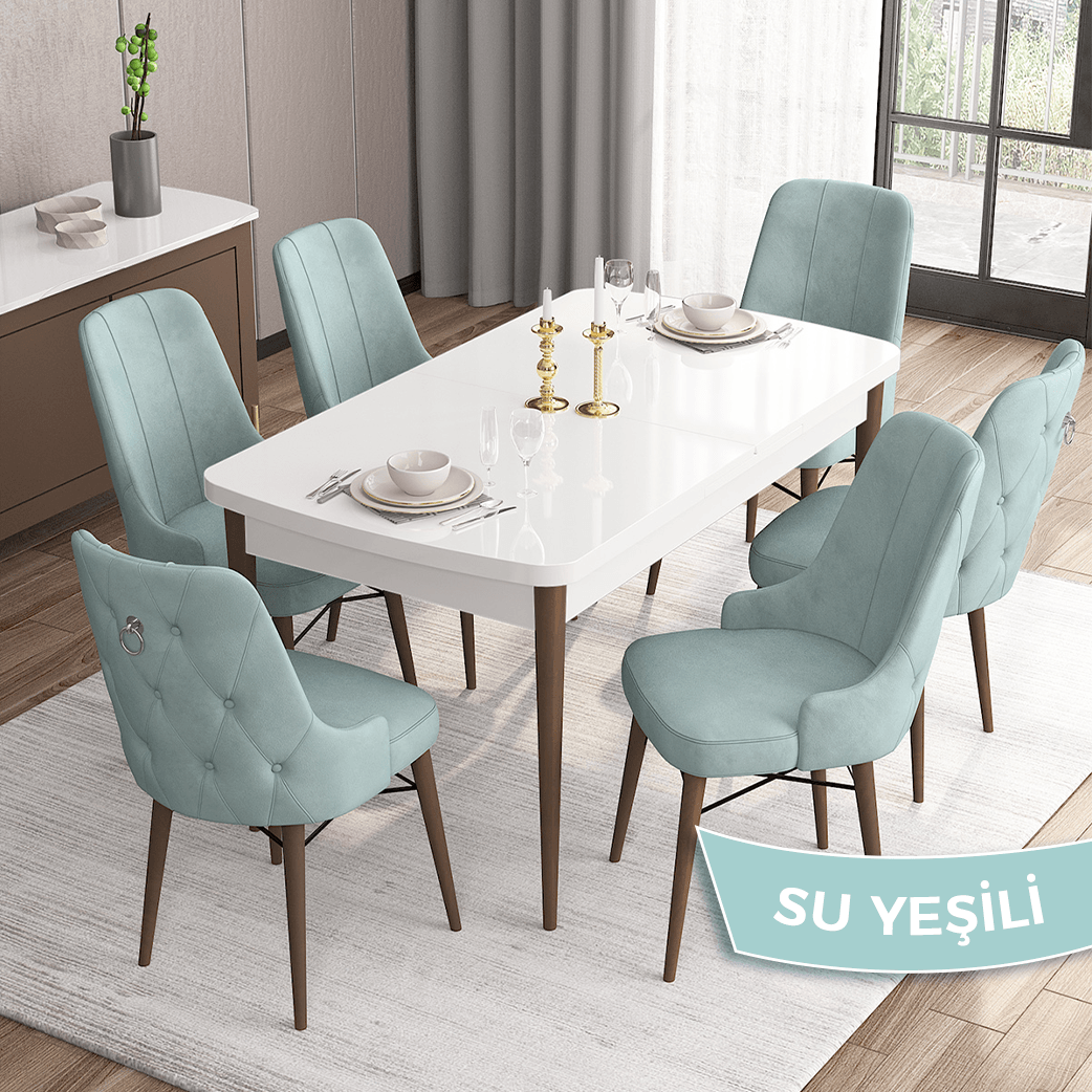 beyaz masa ceviz ayak sandalye su yeşili