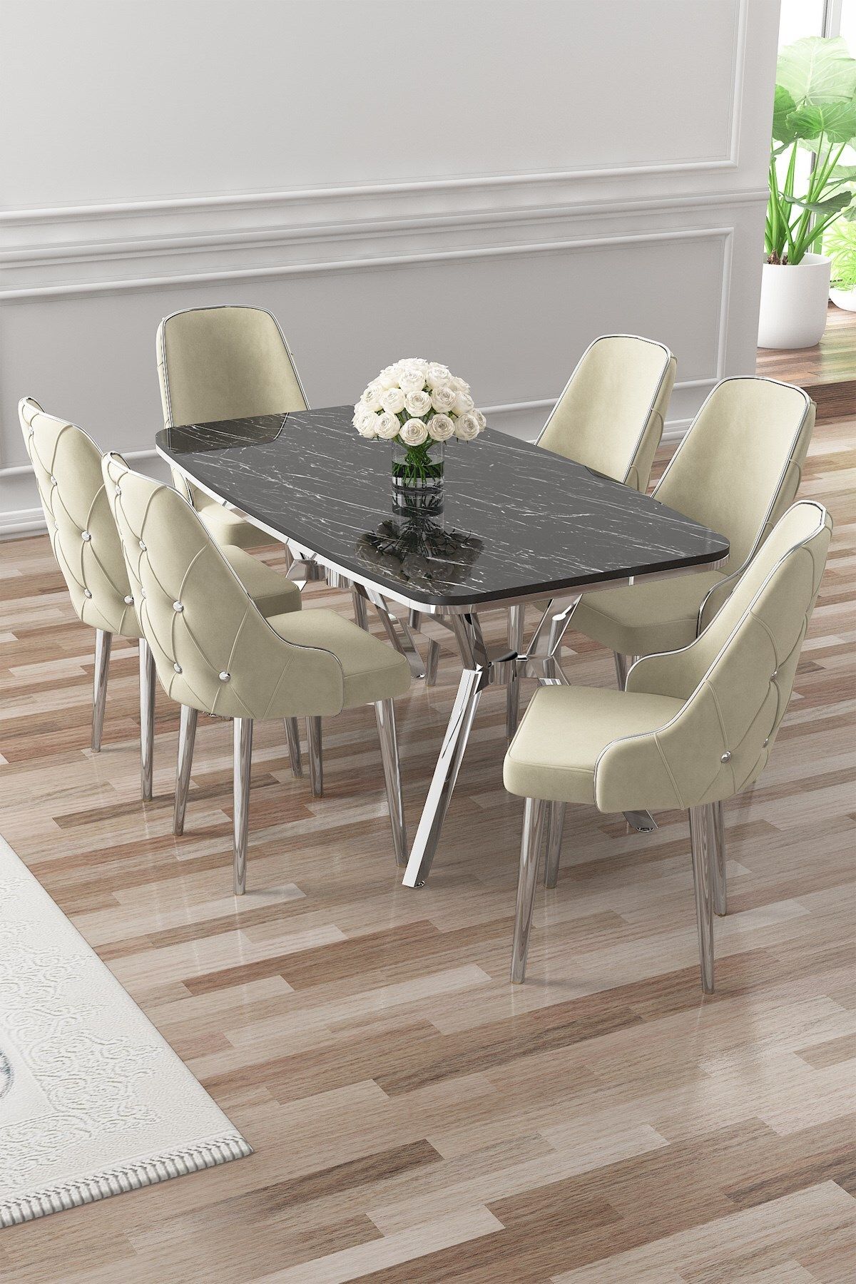 siyah mermer masa sandalye krem krom detay