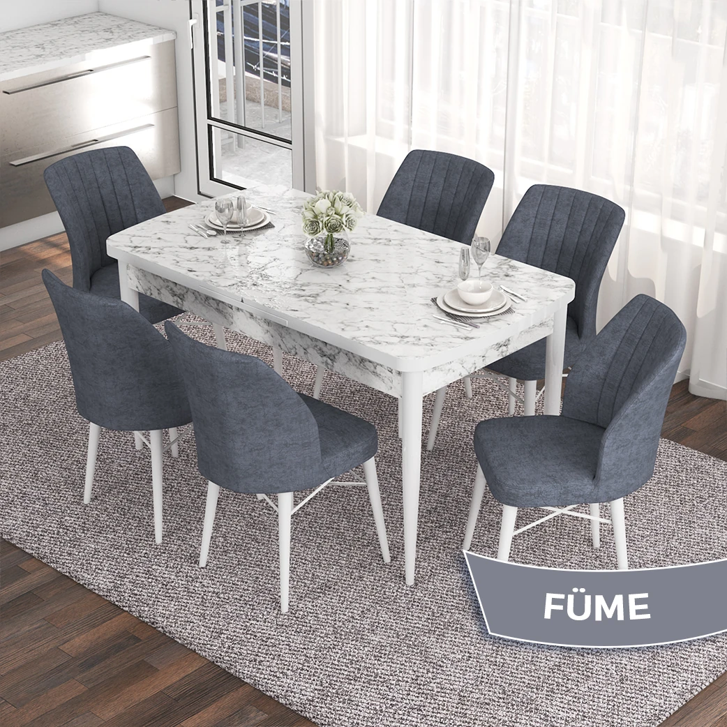 Beyaz Mermer Desen Masa / Füme Sandalye
