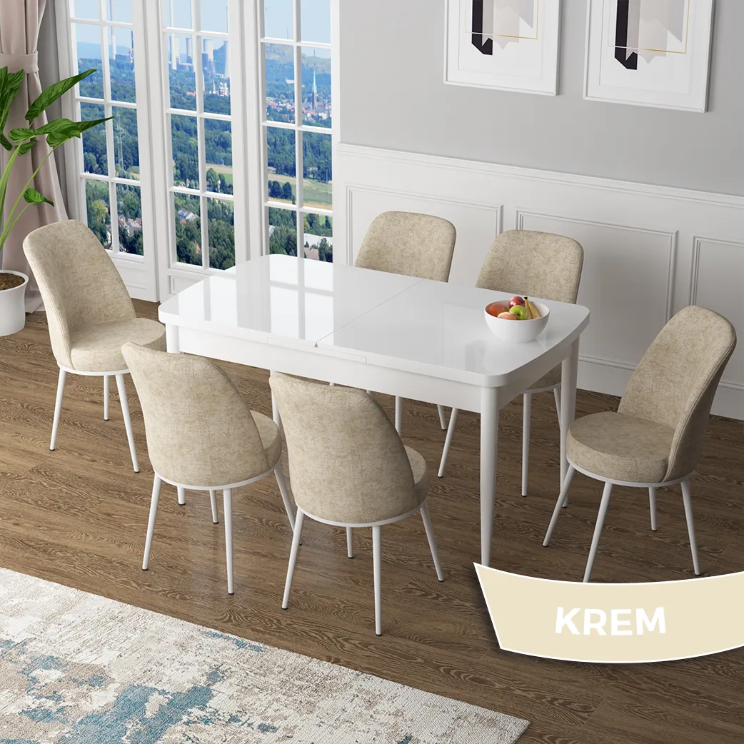 Zen Serisi 80x132 Mdf Açılabilir Beyaz Masa Takımı Ve 6 Sandalye
