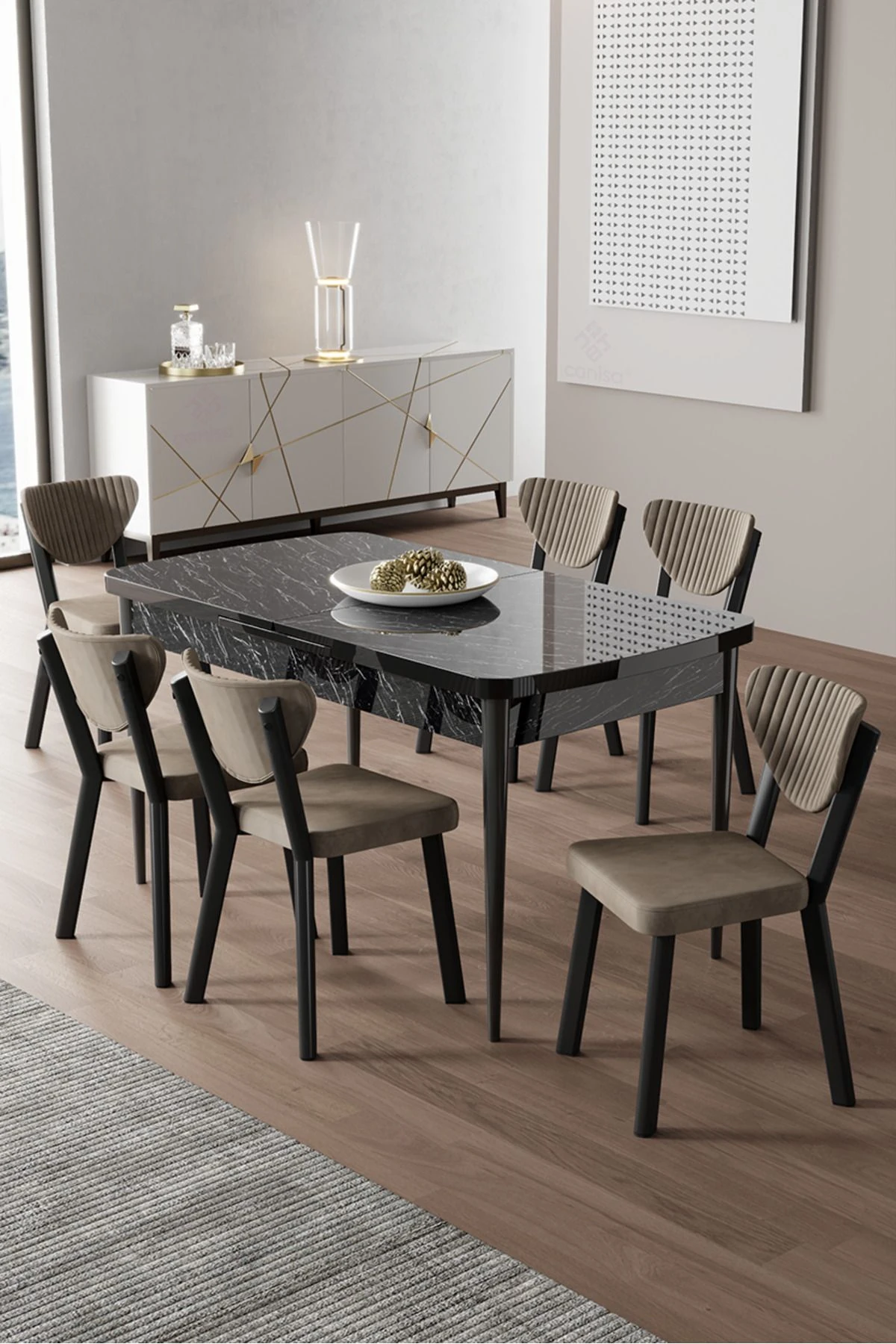 Siyah Mermer Desen Masa Cappucino Renk Sandalye