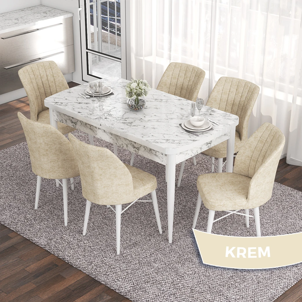 Beyaz Mermer Desen Masa / Krem Sandalye
