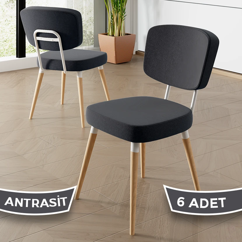 Nubba Serisi 6 adet Mutfak Sandalyesi Gürgen Doğal Ahşap Ayak Beyaz Detay