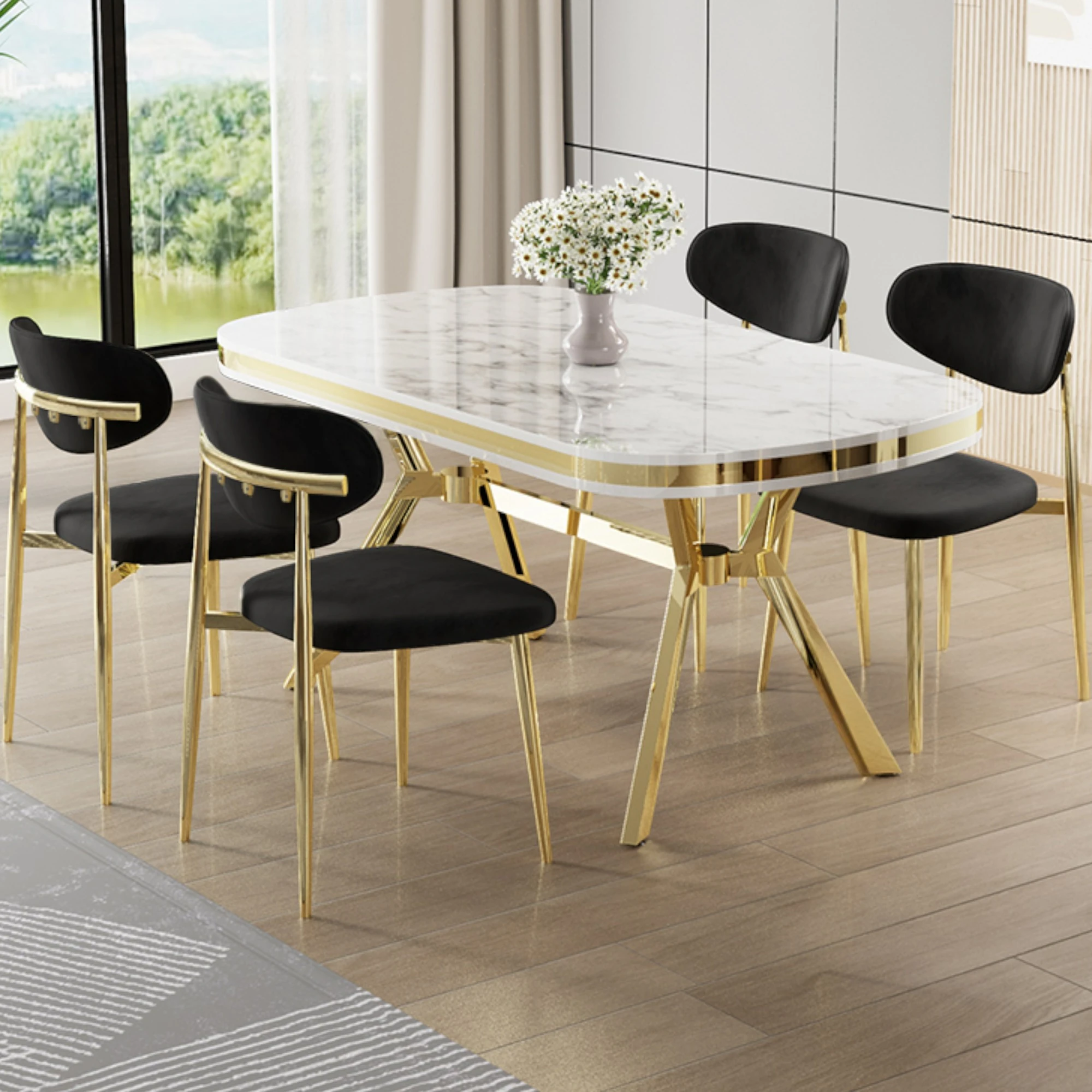 Beyaz Mermer Desen Masa Siyah Sandalye Gold Ayak