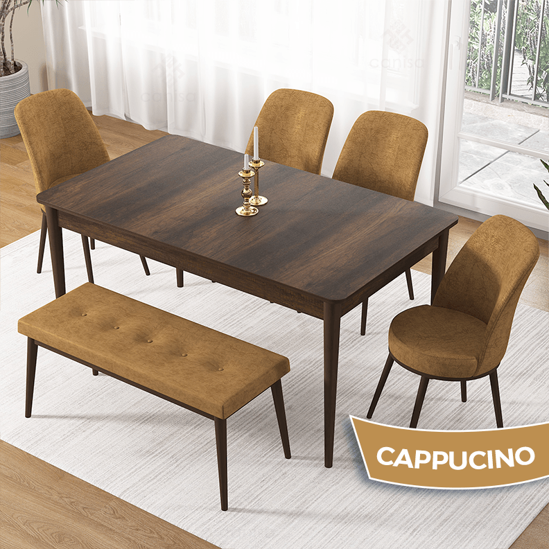 Pir Serisi 80x130 Sabit Barok Ahşap Desen Masa Takımı 4 Sandalye Ve 1 Bench