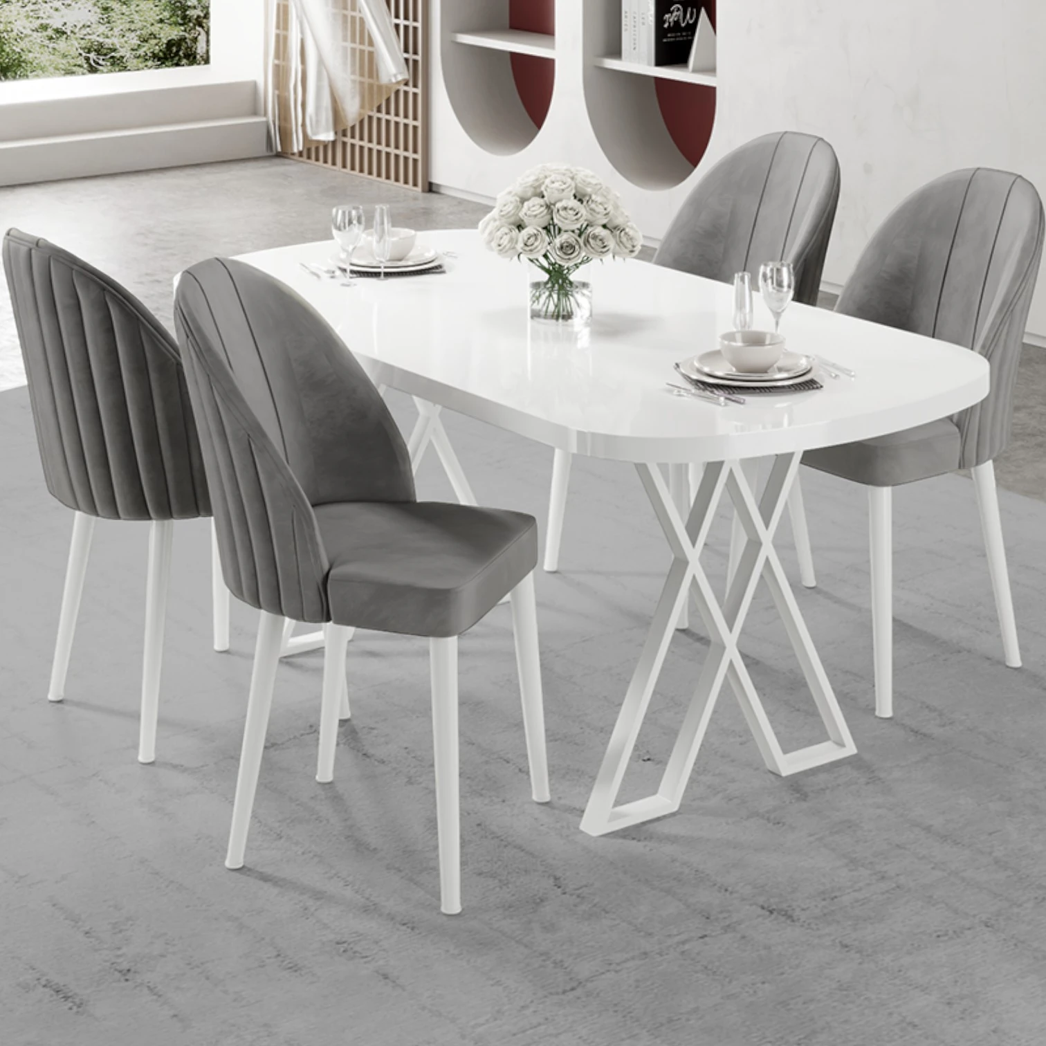 Beyaz Masa Gri Sandalye