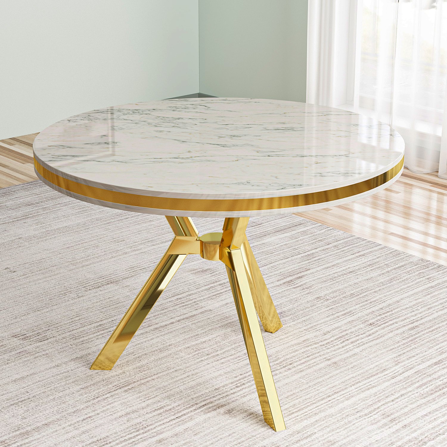 Mos Serisi 90x90 Lak Panel Beyaz Mermer Desen Gold Kaplama Ayaklı Masa Takımı ve 4 Sandalye