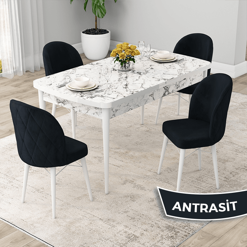 Rut Serisi 80x132 Açılabilir Beyaz Mermer Desen Masa Takımı Ve 4 Sandalye