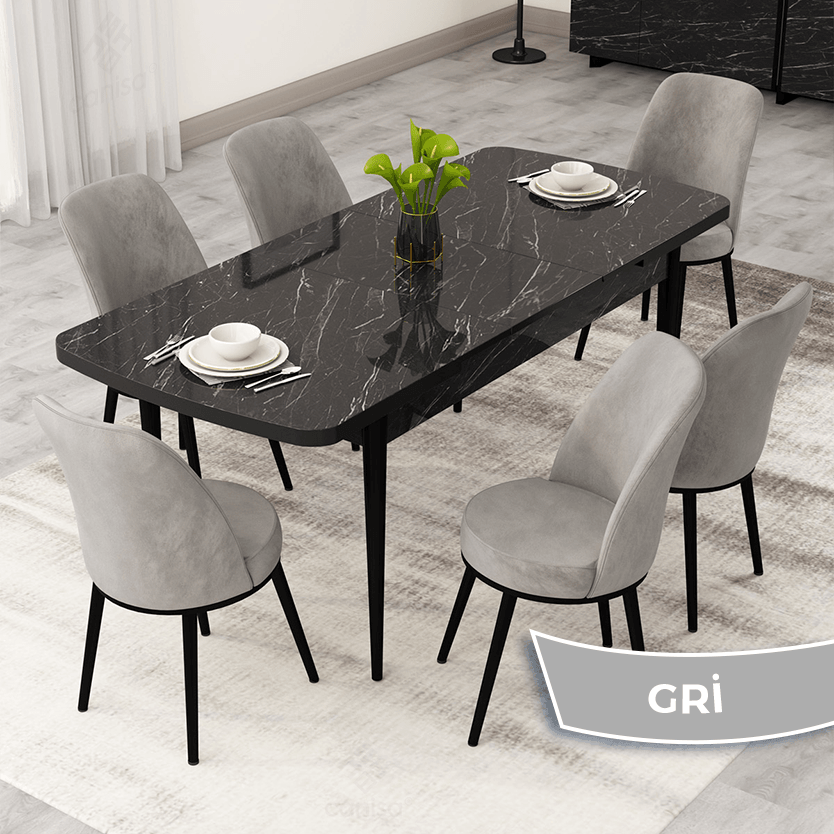 Nix Serisi 70x114 Açılabilir Siyah Mermer Desen Mutfak Masası Takımı Ve 6 Sandalye