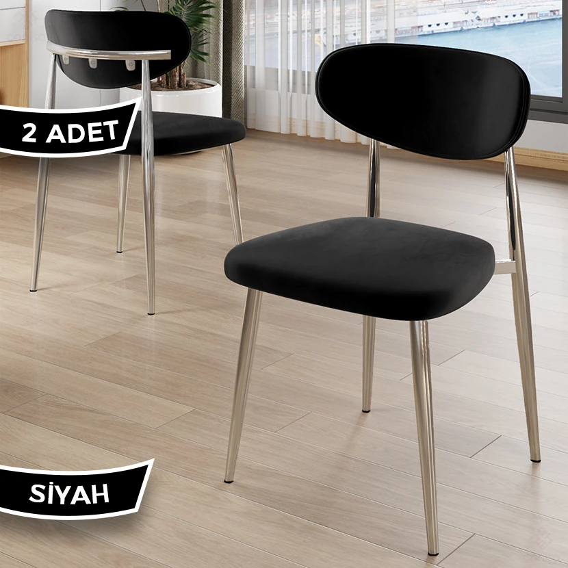 Laos Serisi 2 Adet Siyah Mutfak Sandalyesi Krom Kaplama Metal Ayak 1.Sınıf Babyface Kumaş