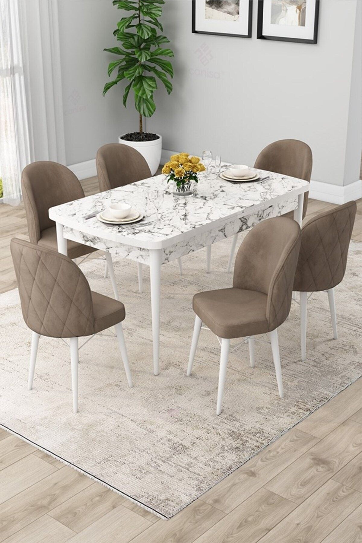 Rut Serisi 80x132 Açılabilir Beyaz Mermer Desen Masa Takımı Ve 6 Sandalye