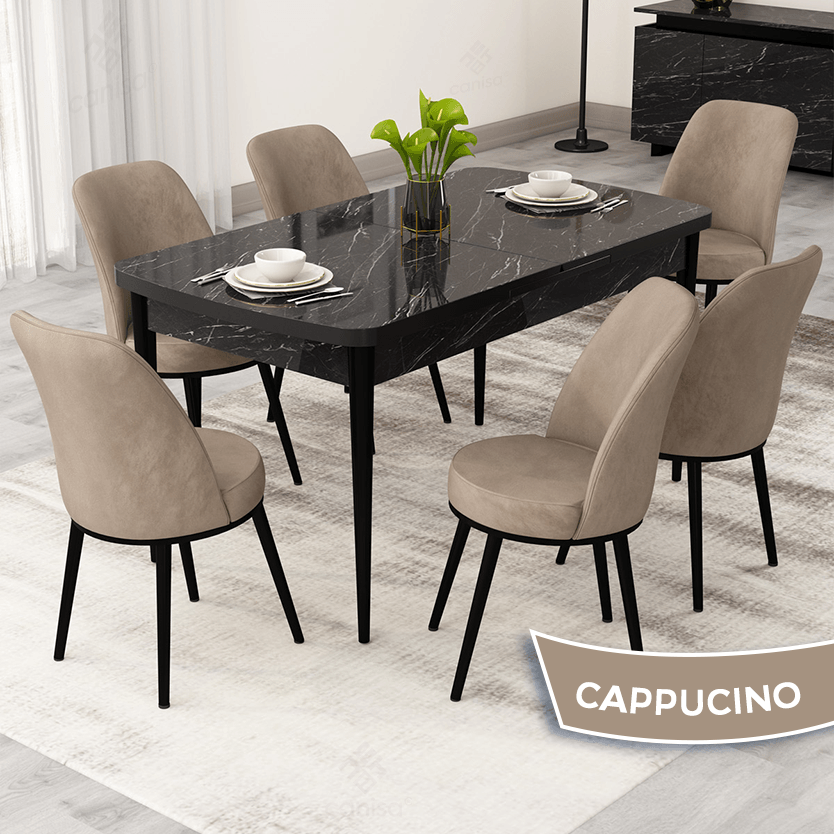 Masa Siyah Mermer Desen Sandalye Cappucino Renk