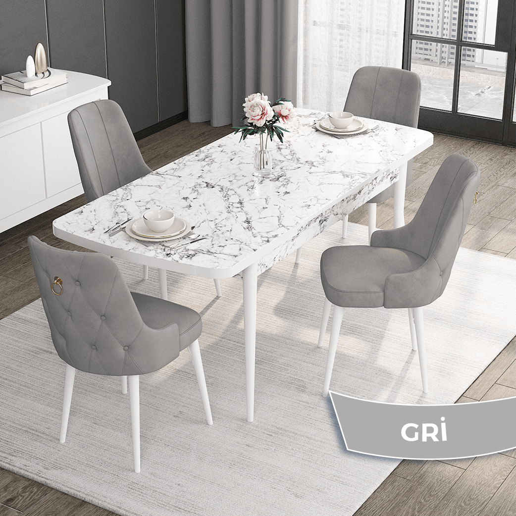 Gri Sandalye Beyaz Mermer Desen Masa