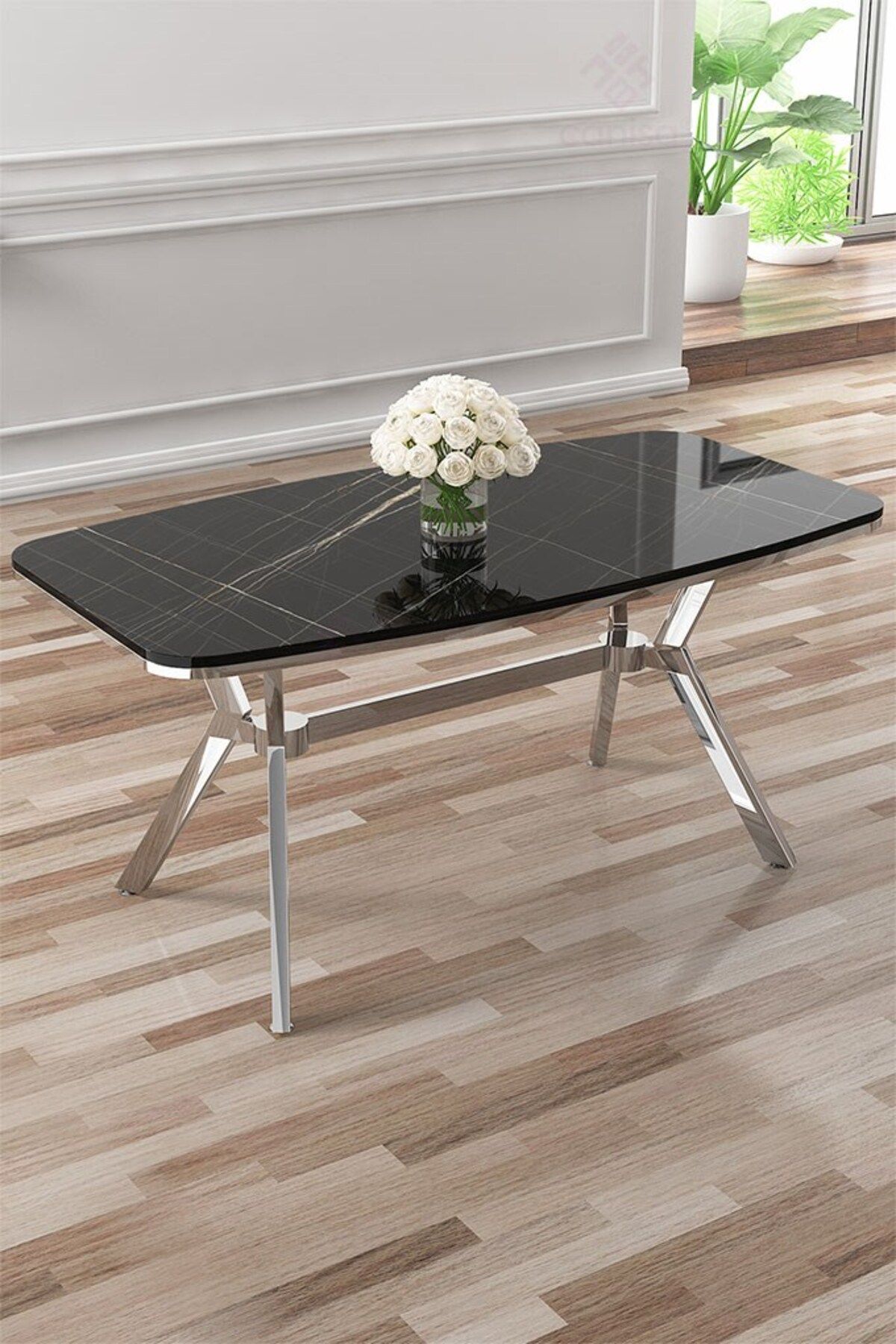 Asel Serisi 90x160 Lak Panel Sonata Masa ve 6 Sandalye Krom Kaplama Ayak