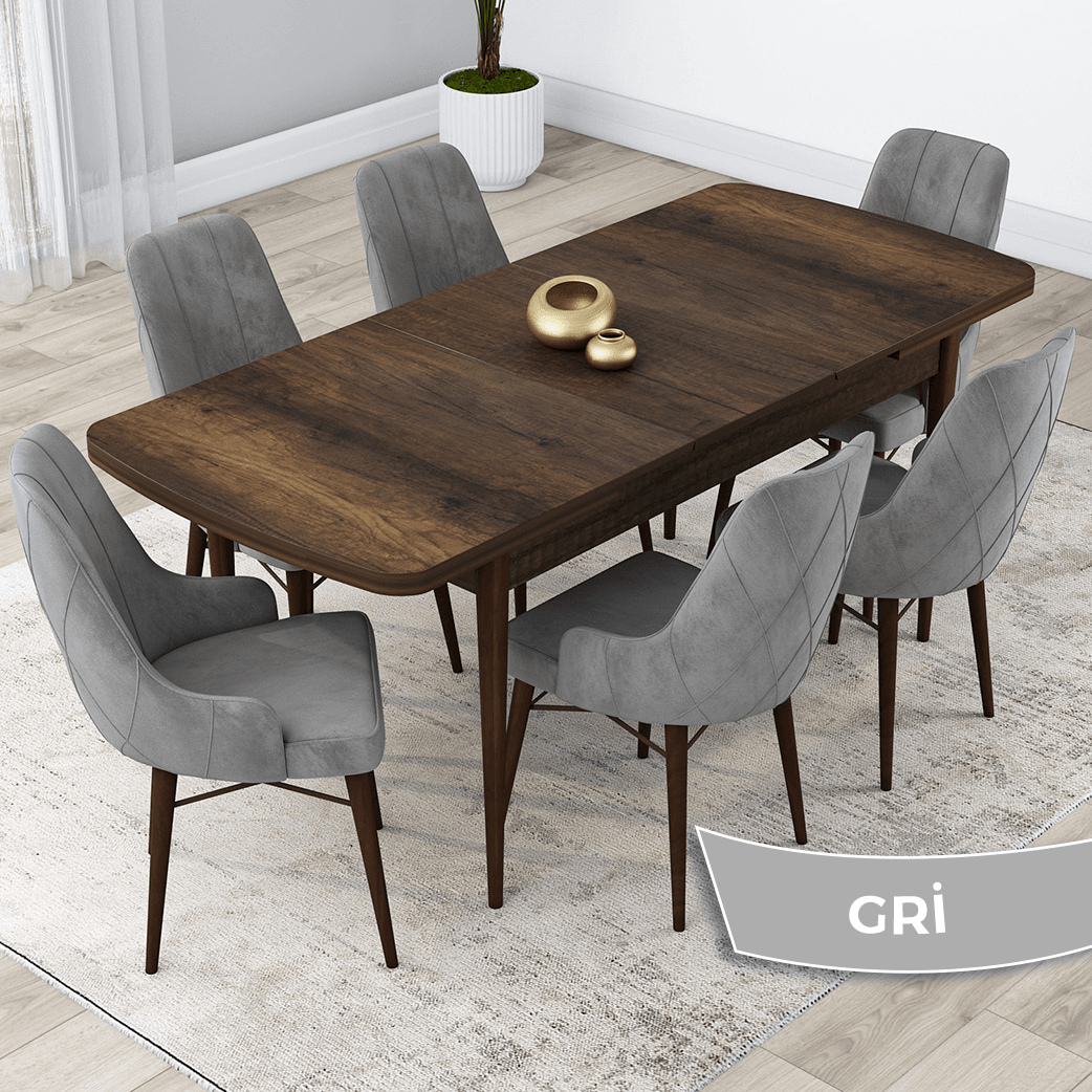 Lia Serisi 80x132 Açılabilir Barok Ahşap Desen Masa Takımı ve 6 Sandalye