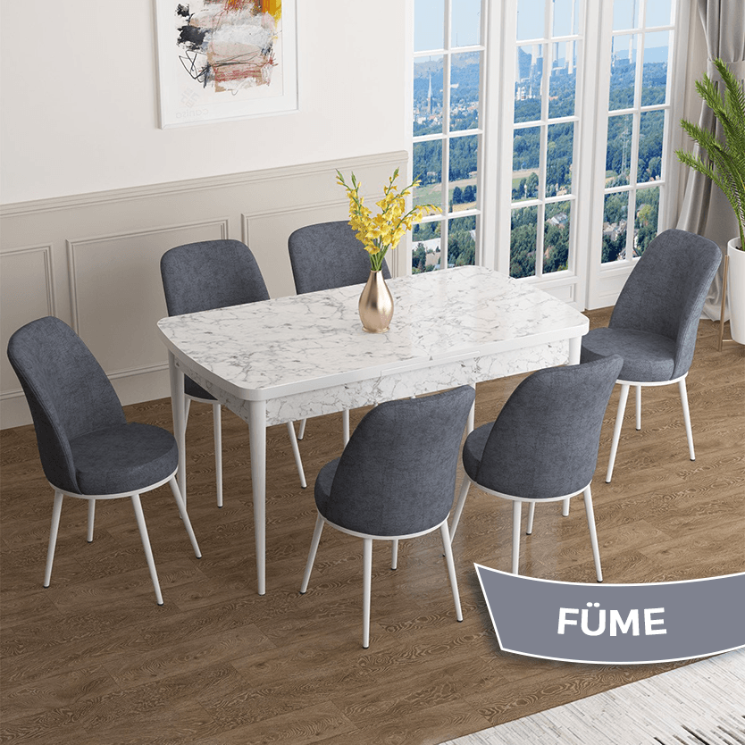 masa beyaz mermer desen sandalye füme