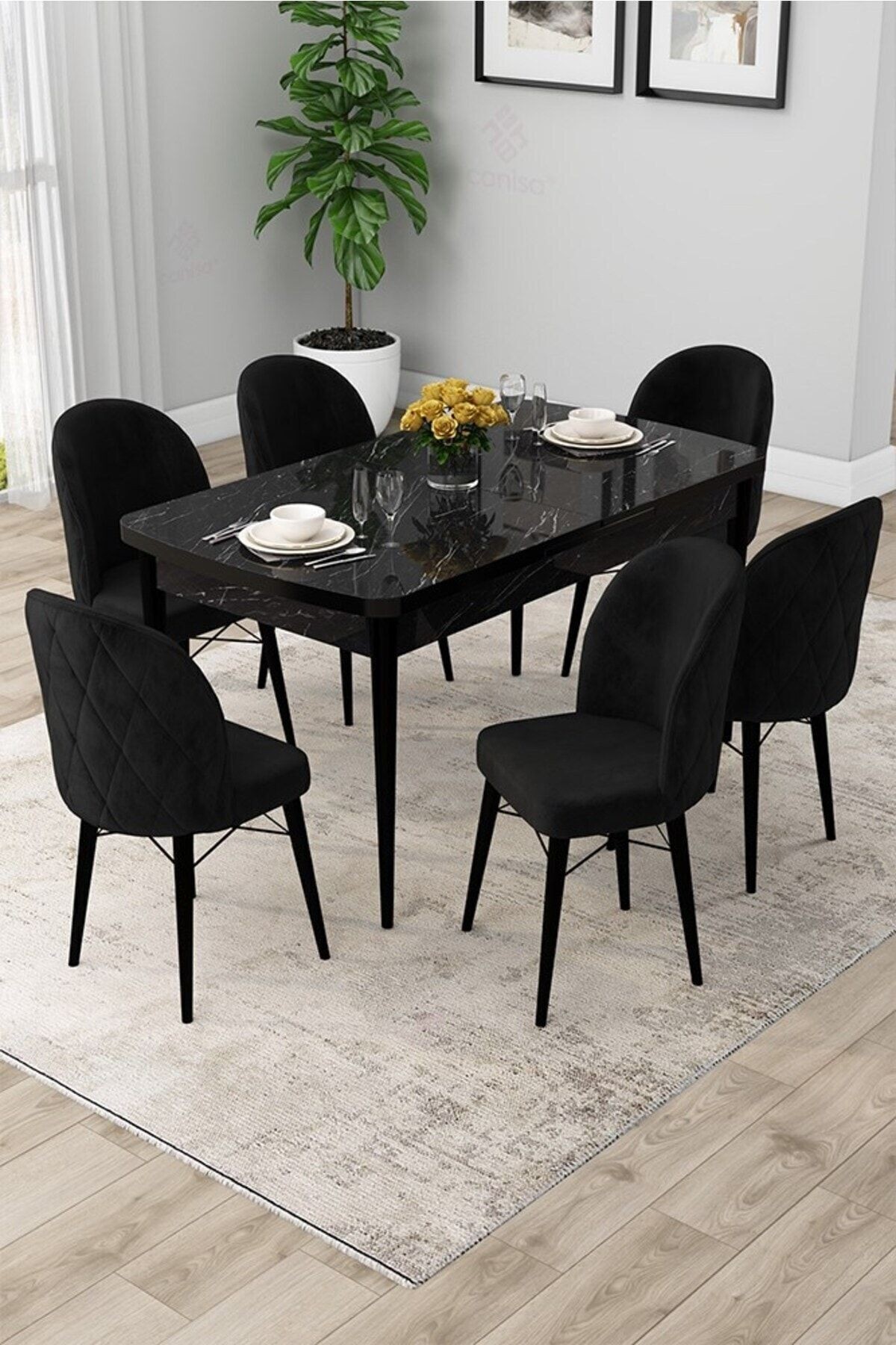 Rut Serisi 80x132 Açılabilir Siyah Mermer Desen Masa Takımı Ve 6 Sandalye