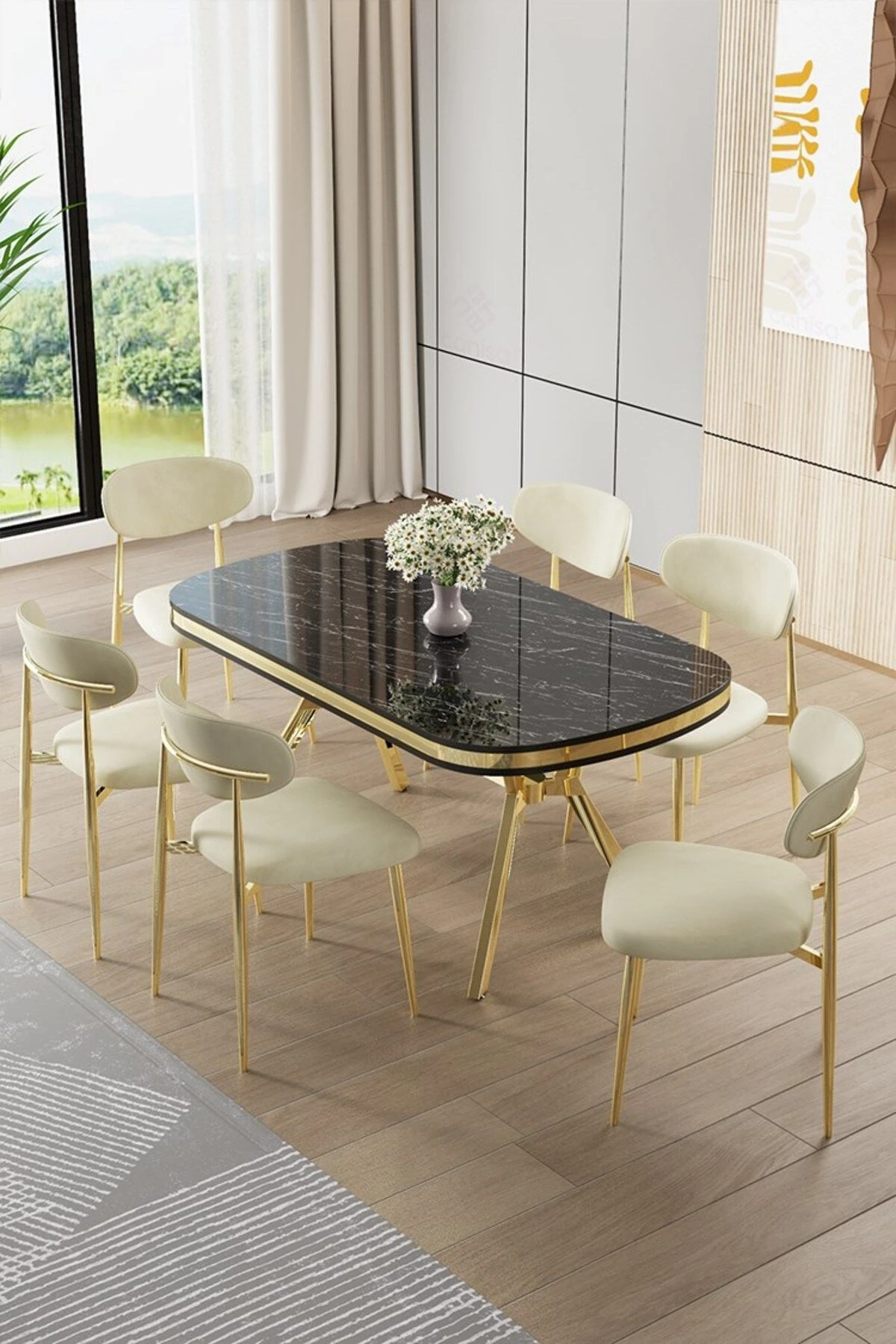 Olya Serisi 90x168 Lak Panel Sonata Masa ve 6 Sandalye Gold