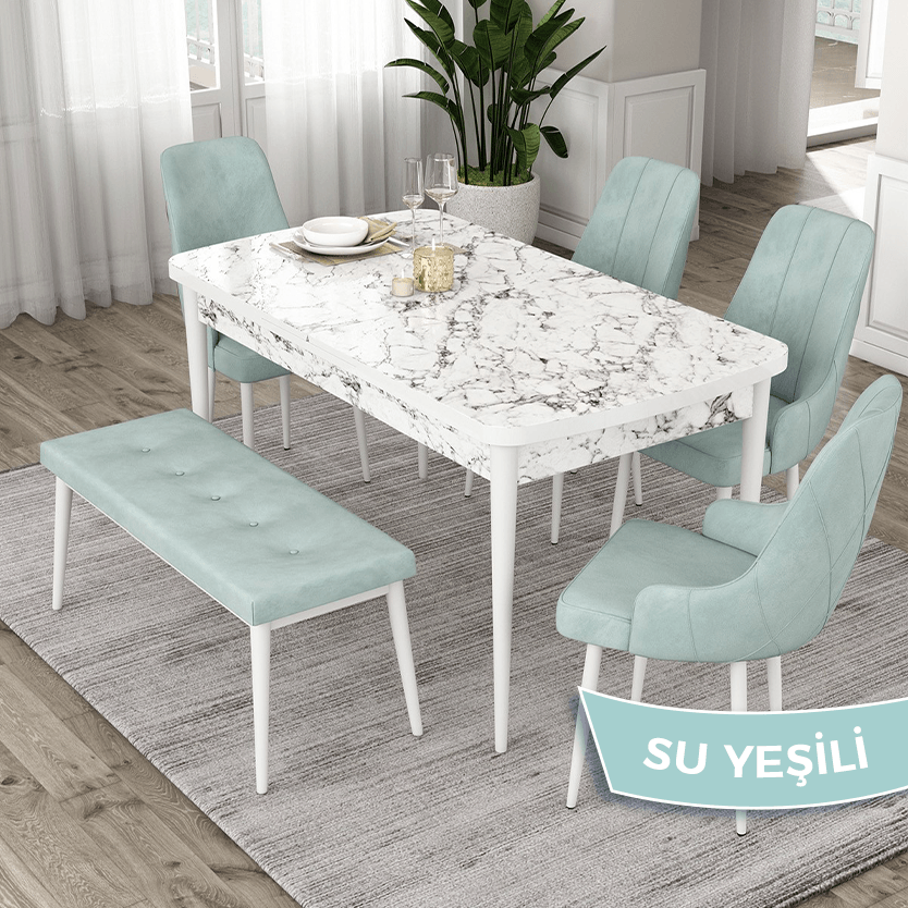 masa beyaz mermer desen sandalye su yeşil