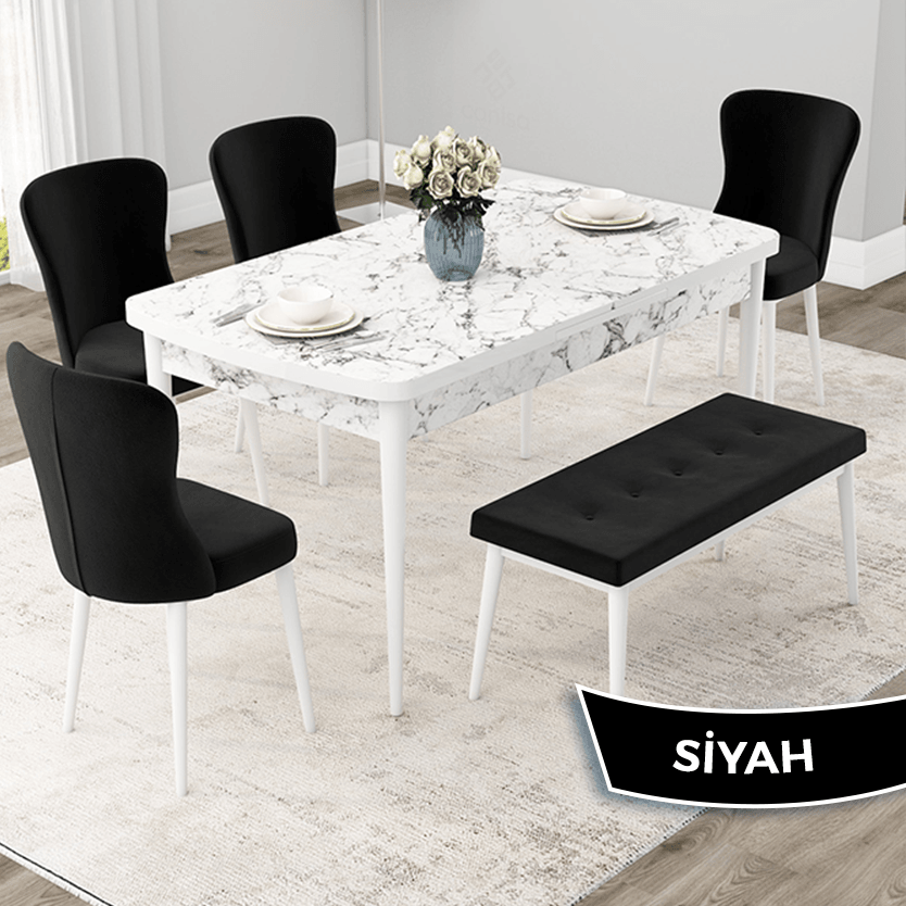 Due Serisi 80x132 Açılabilir Beyaz Mermer Desen Masa Takımı 4 Sandalye Ve 1 Bench