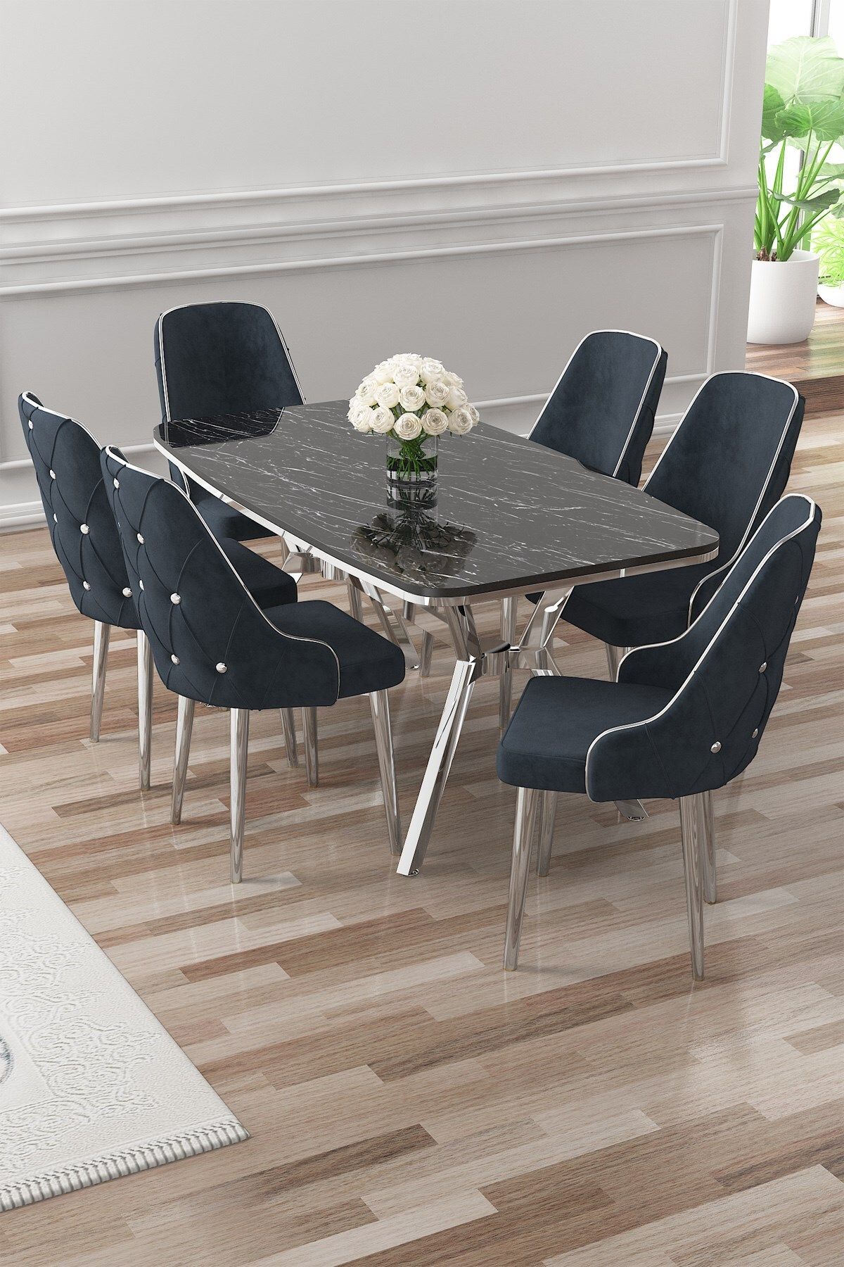 siyah mermer masa sandalye antrasit krom detay