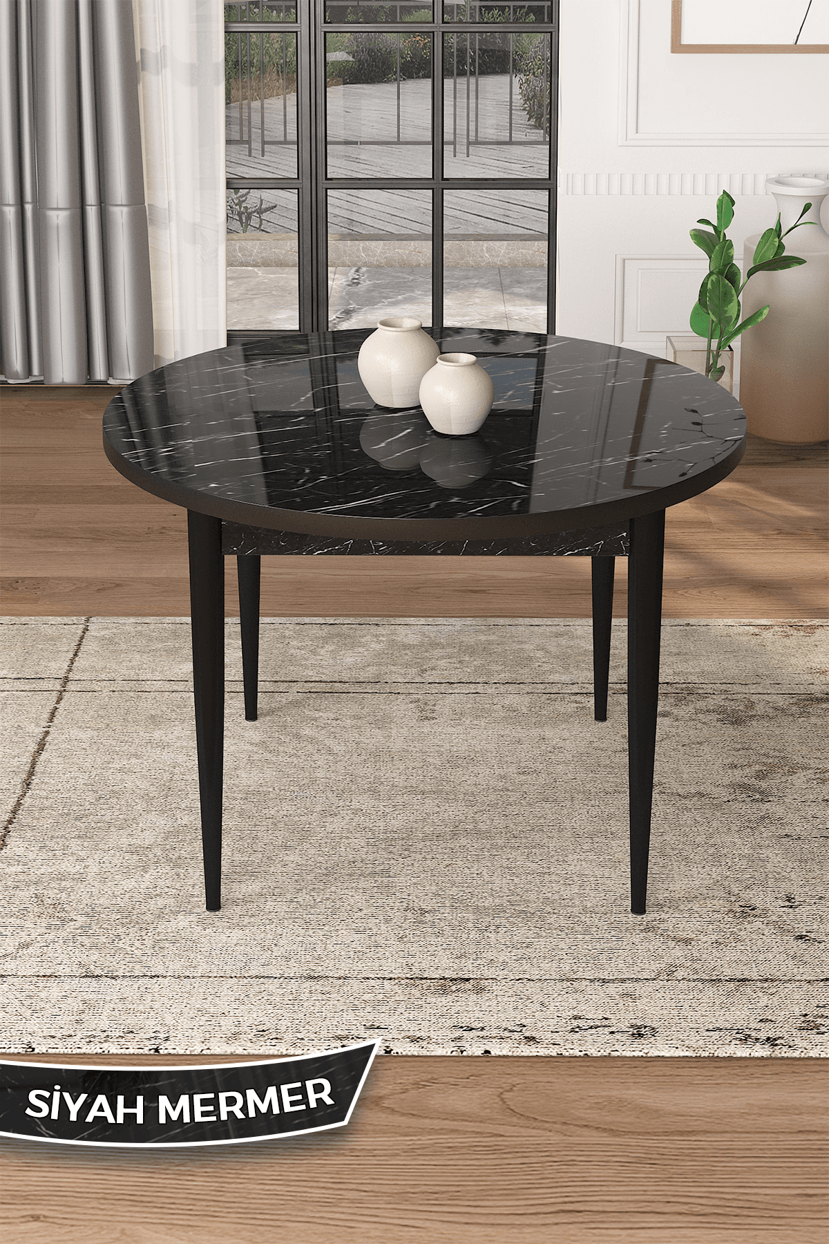 Kea Serisi 90x90 Yuvarlak Sabit Siyah Mermer Desen Masa Takımı Ve 4 Sandalye