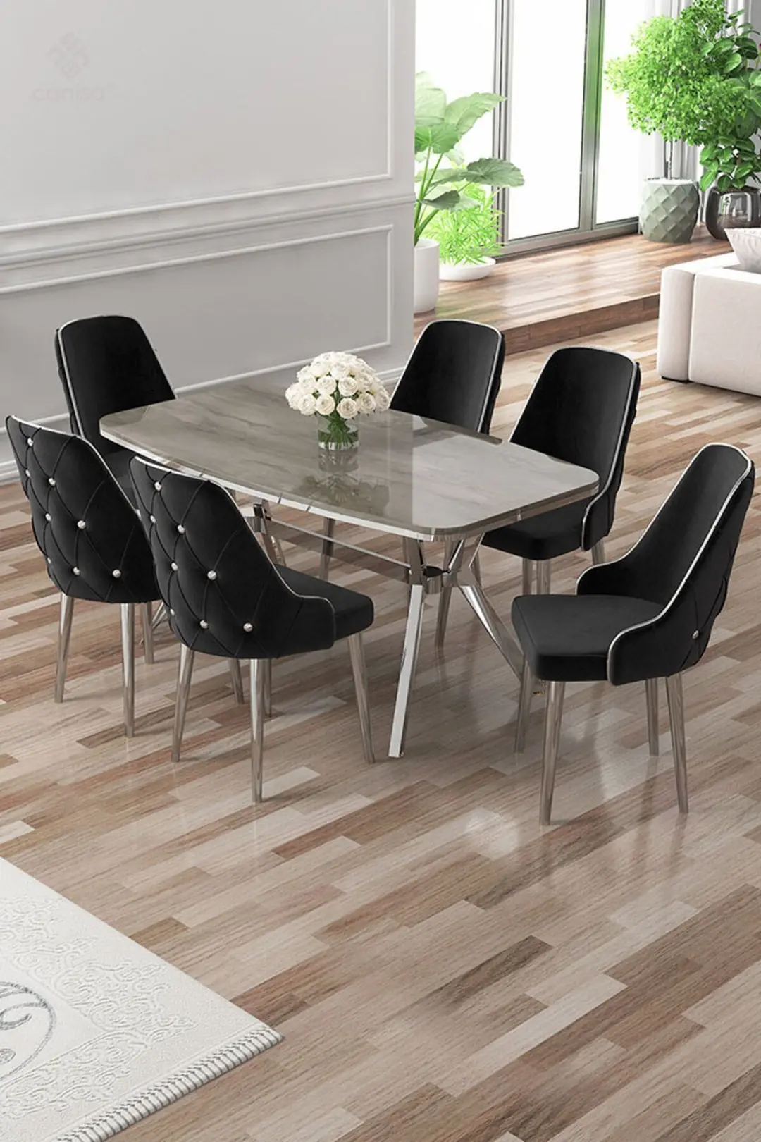 ayaページ Asel Serisi 90x160 Lak Panel Antrasit İroni Masa ve 6 Sandalye