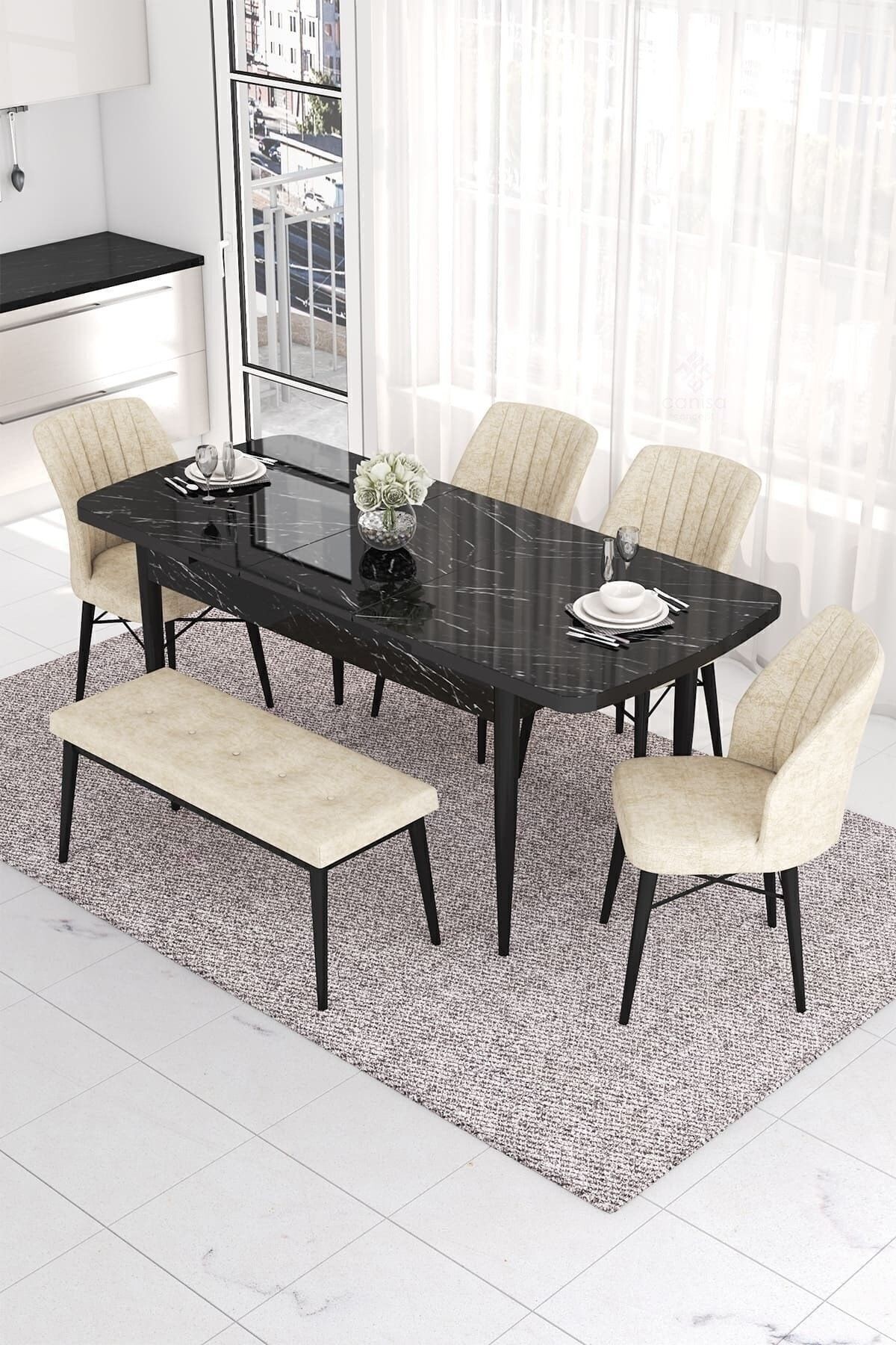 Eva Serisi 80x132 Açılabilir Mdf Siyah Mermer Desen Masa Takımı 4 Sandalye Ve 1 Bench