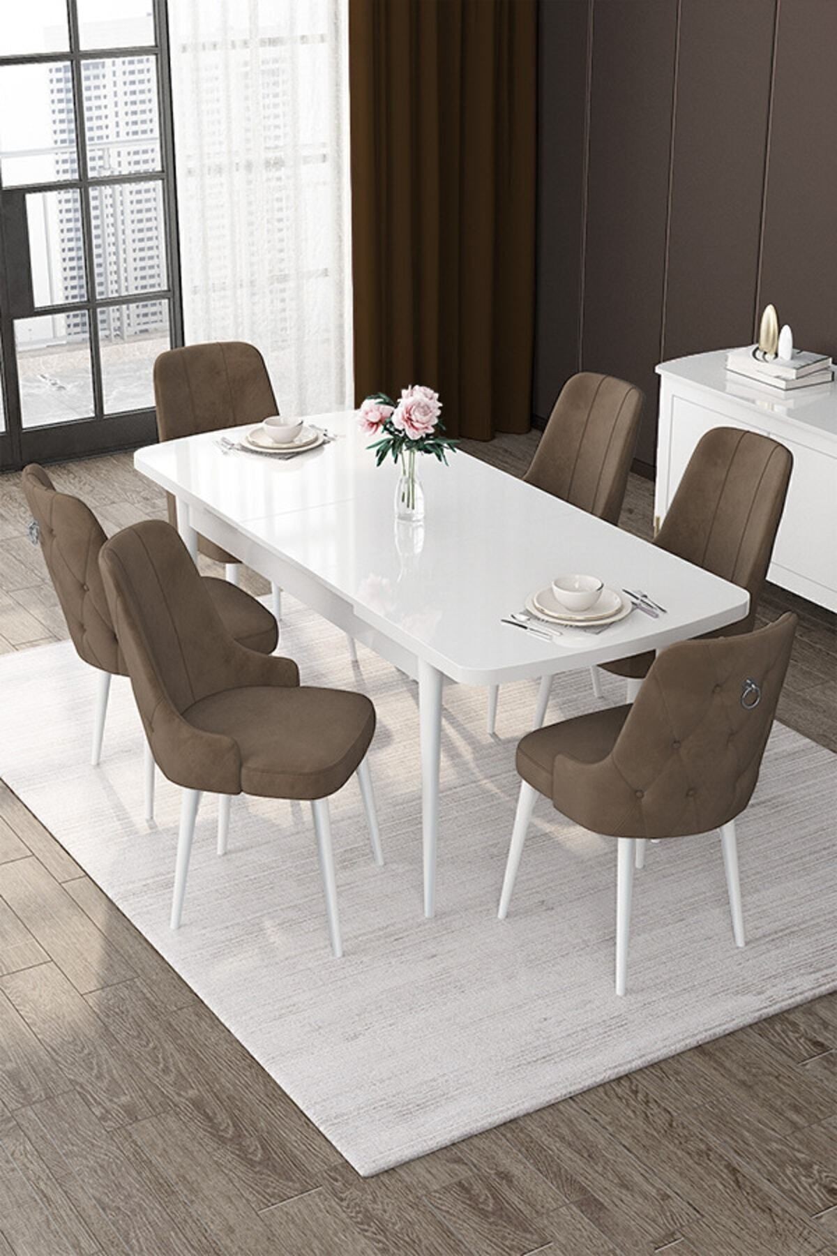 Nex Serisi 80x132 Mdf Açılabilir Gümüş Halka Beyaz Masa Takımı Ve 6 Sandalye