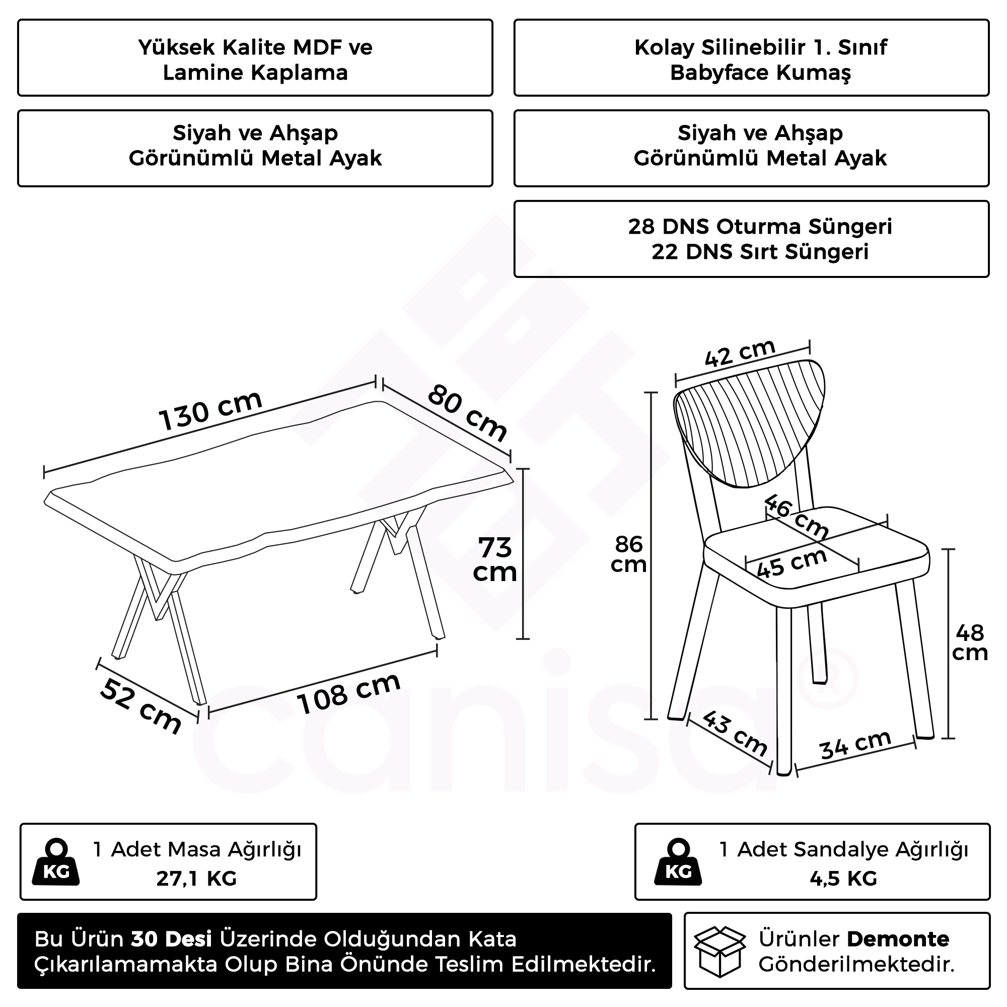 Akort Serisi MDF Sabit 80x130 Atlantik Çam Mutfak Masası Takımı 4 Sandalye