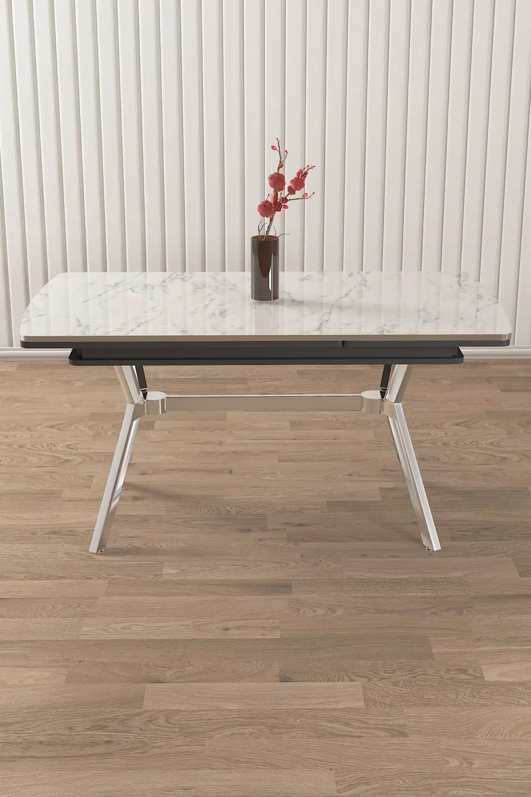 [Alexandros] 26ゲーミングT Lサイズ Beyaz Mermer Desen 89x150 Açılabilir Lak Panel Yemek Masası Krom Ayak