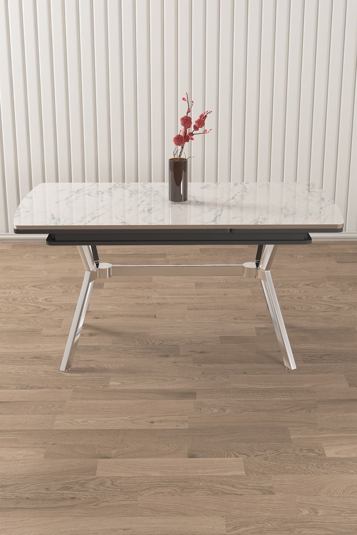 Beyaz Mermer Desen 89x150 Açılabilir Lak Panel Yemek Masası Krom Ayak