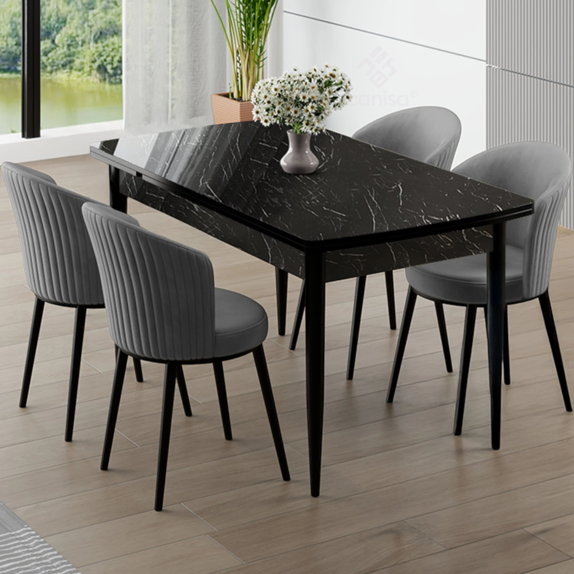 Asfel Serisi MDF 77x130 Siyah Mermer Desen Yandan Açılabilir Mutfak Masa Takımı 4 Sandalye