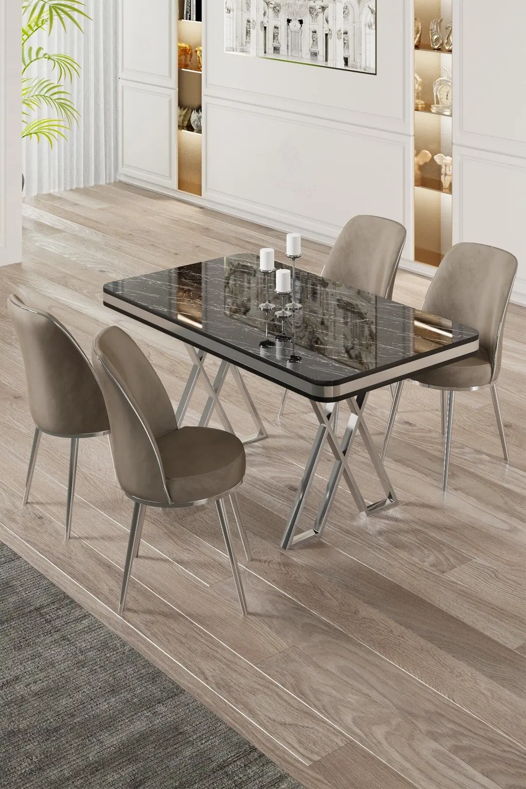 Vals Serisi 80x130 Lak Panel Sonata Masa ve 4 Sandalye Krom