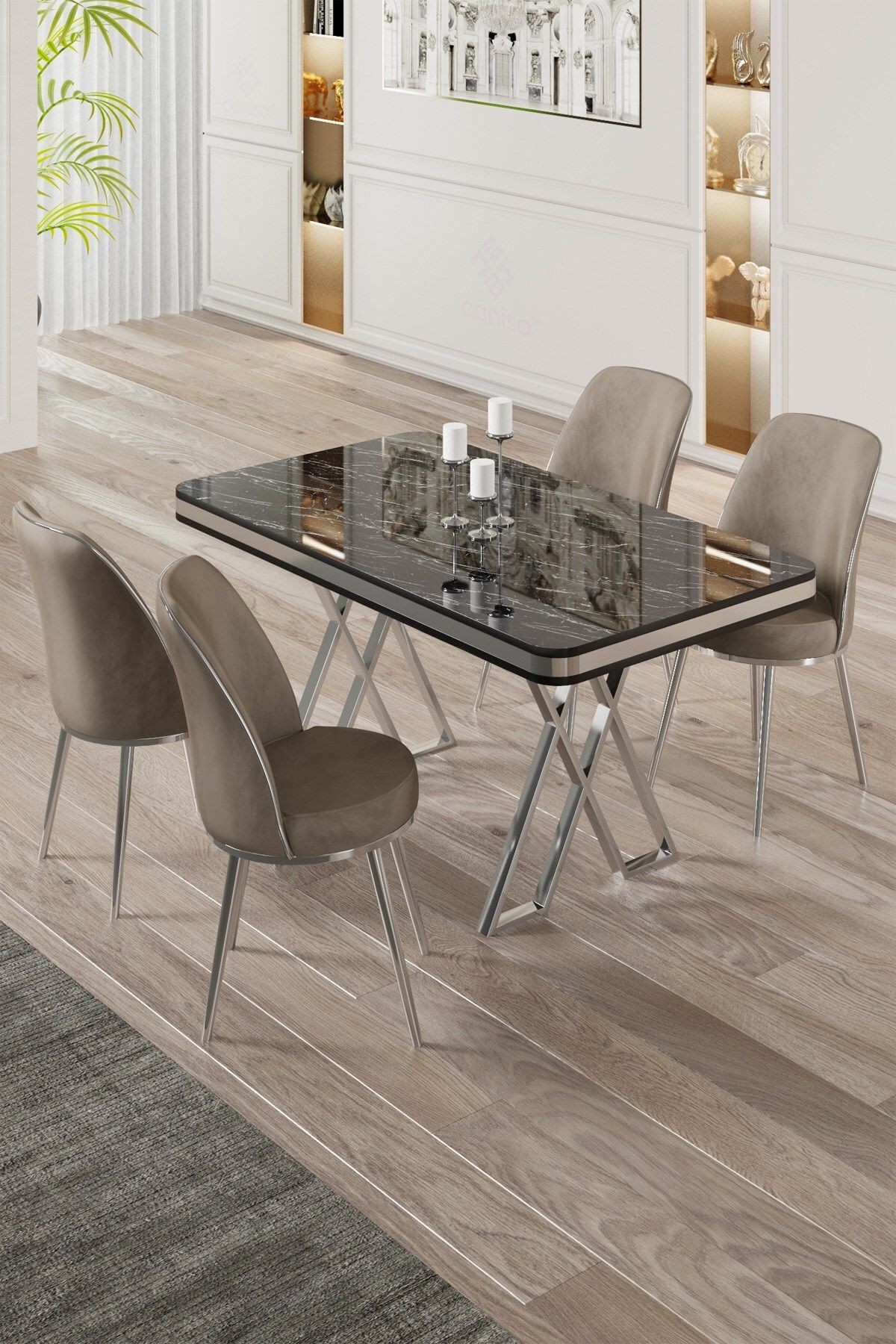 Vals Serisi 80x130 Lak Panel Sonata Masa ve 4 Sandalye Krom Kaplama Ayak