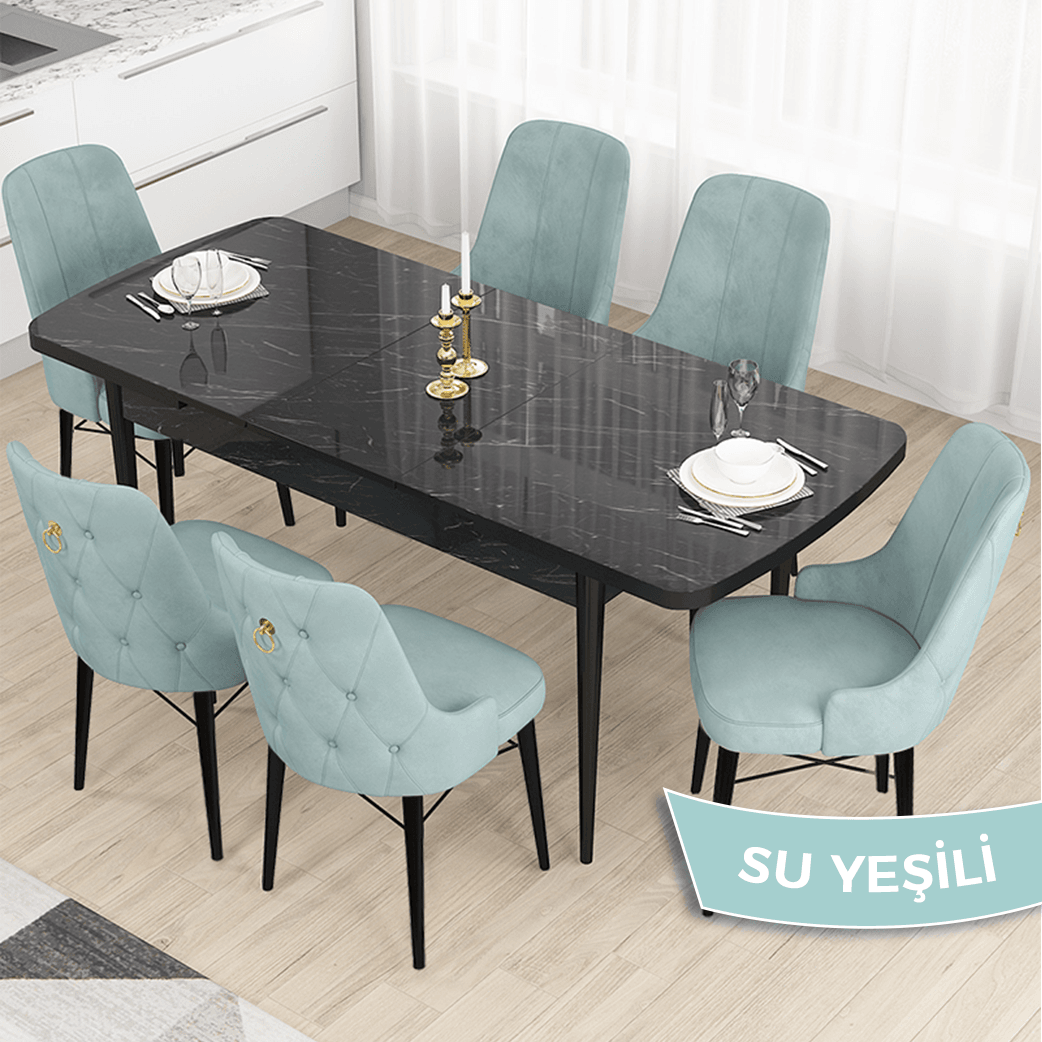 Su yeşili Sandalye Siyah Mermer Desen Masa