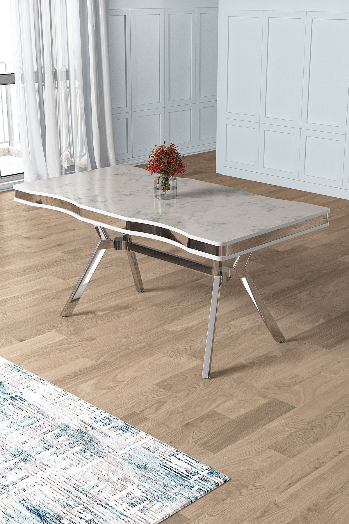 Vae Serisi 90x160 Lak Panel Beyaz Mermer Desen Krom Ayak Masa Takımı 6 Cappucino Sandalye