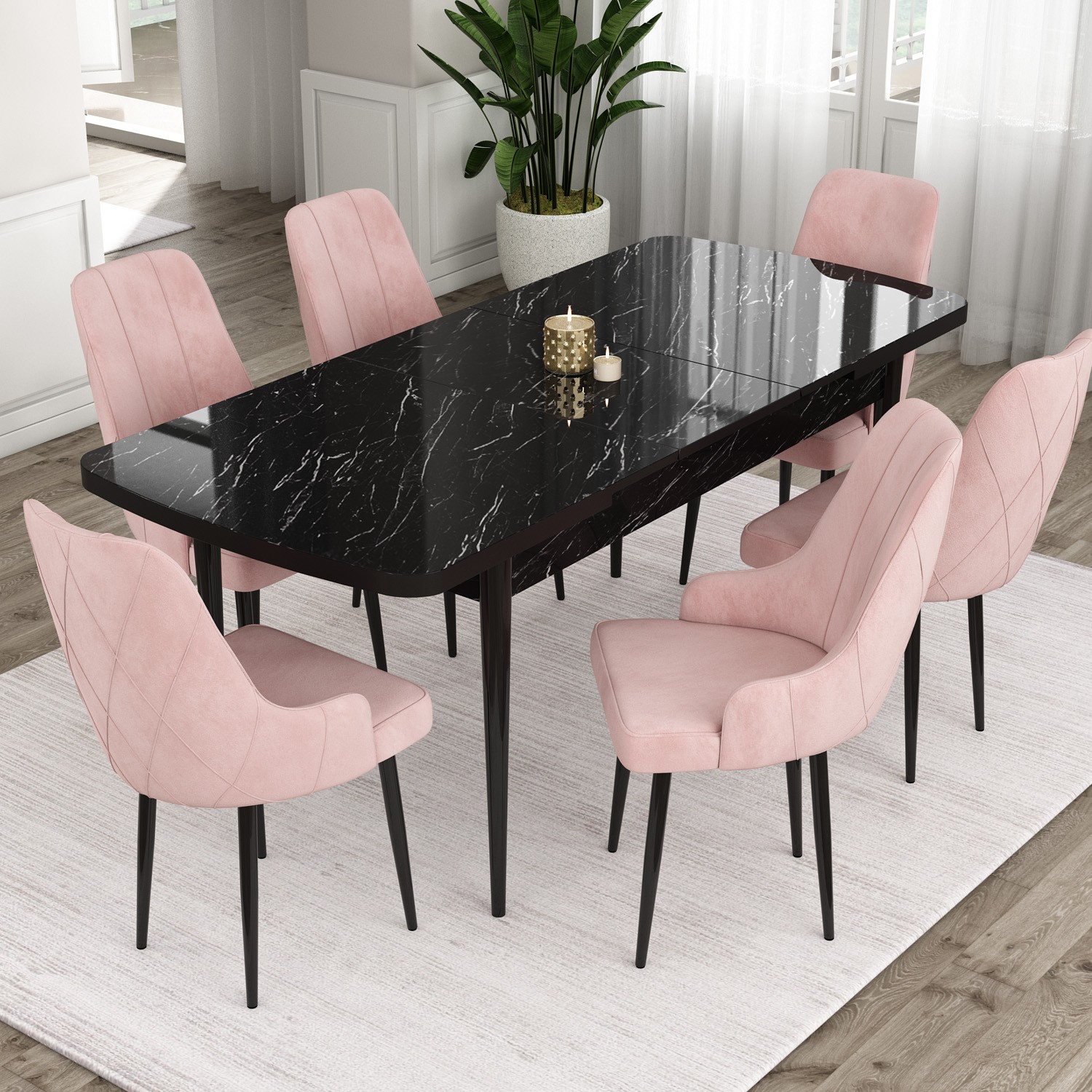Sandalye Pembe Siyah Mermer Desen Masa